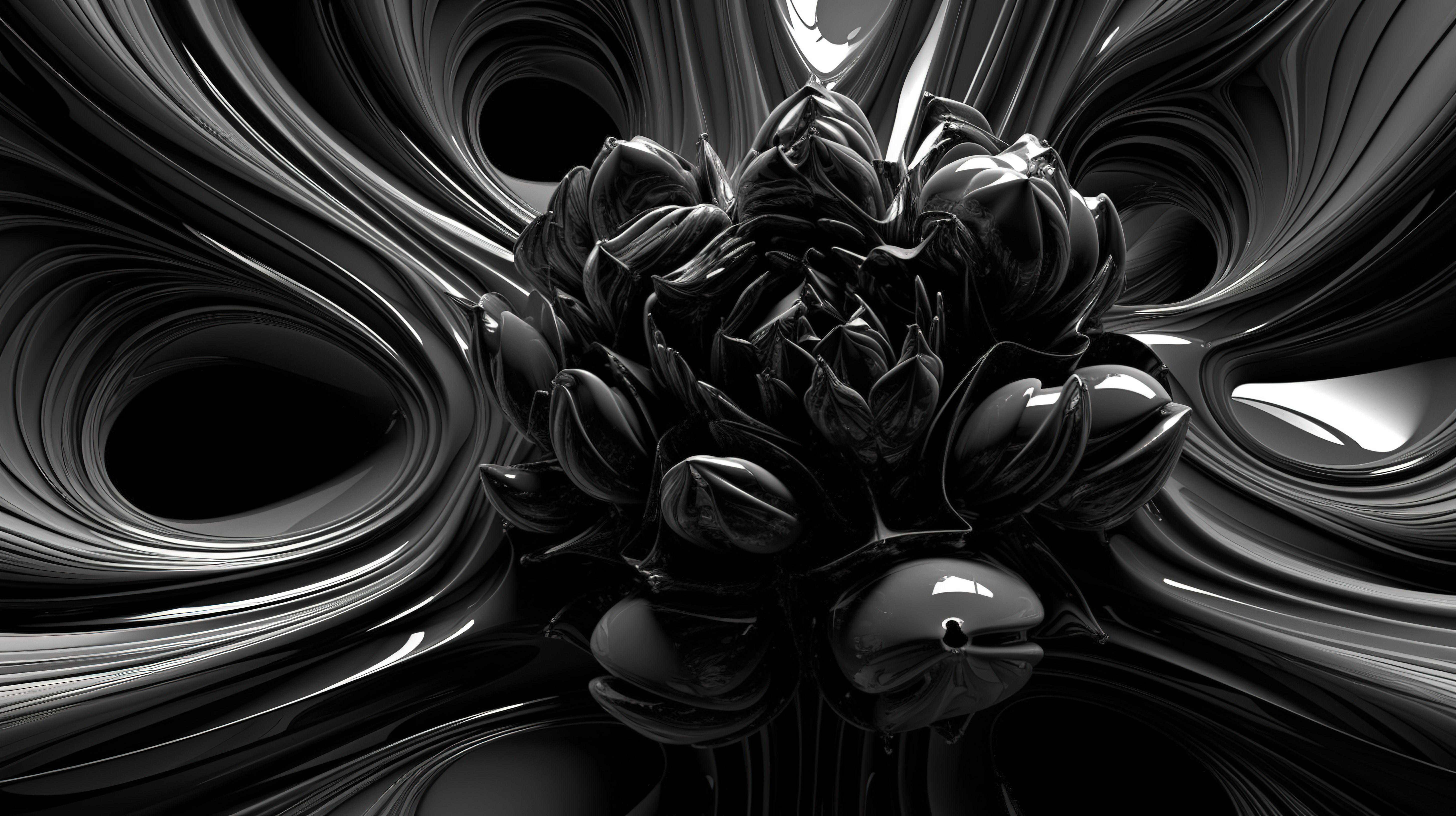 超现实的黑白艺术 3d 渲染弯曲的波浪形式与异形花图片