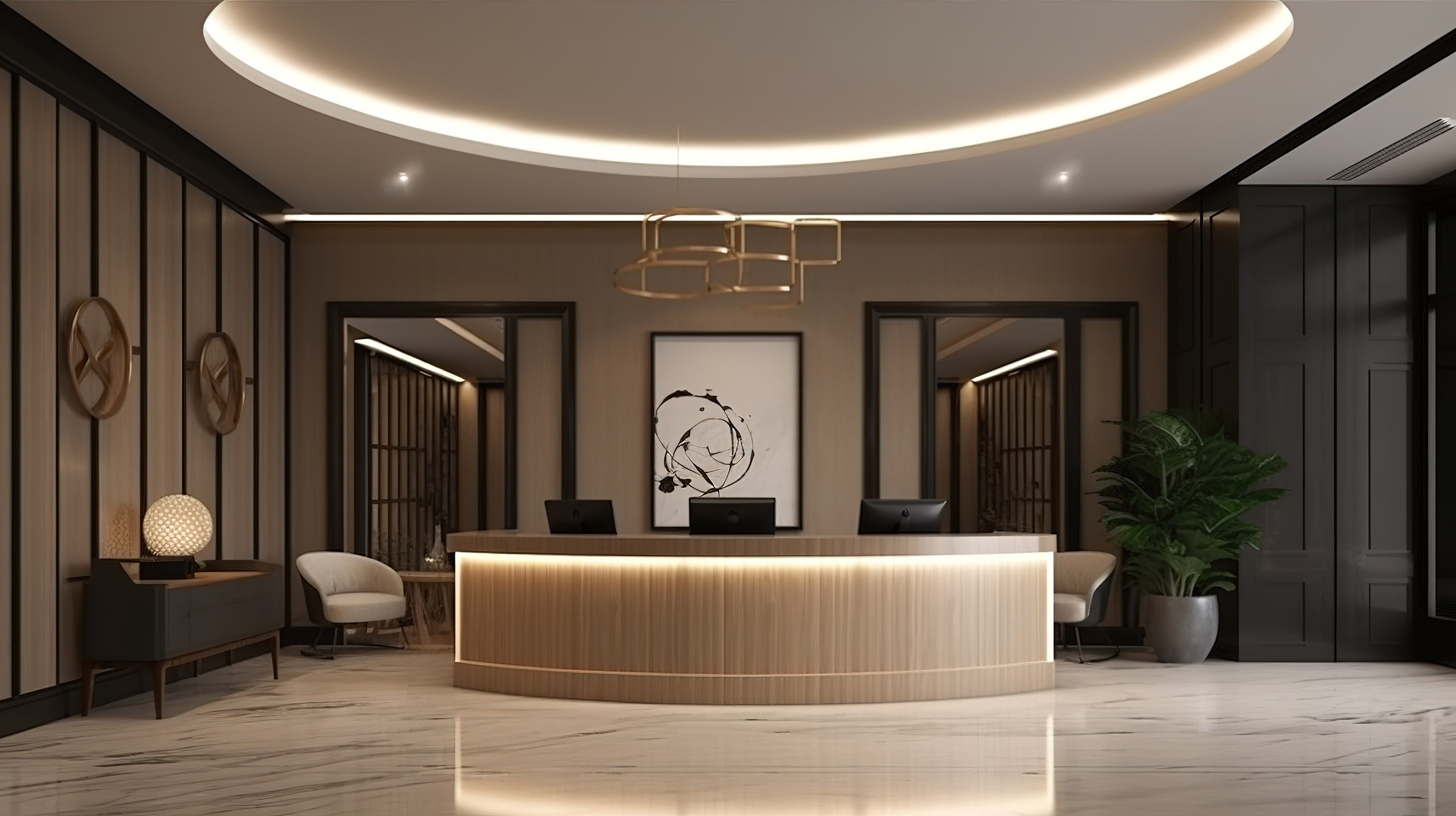 令人惊叹的 3D 渲染中的现代豪华酒店接待处和休息室办公室图片