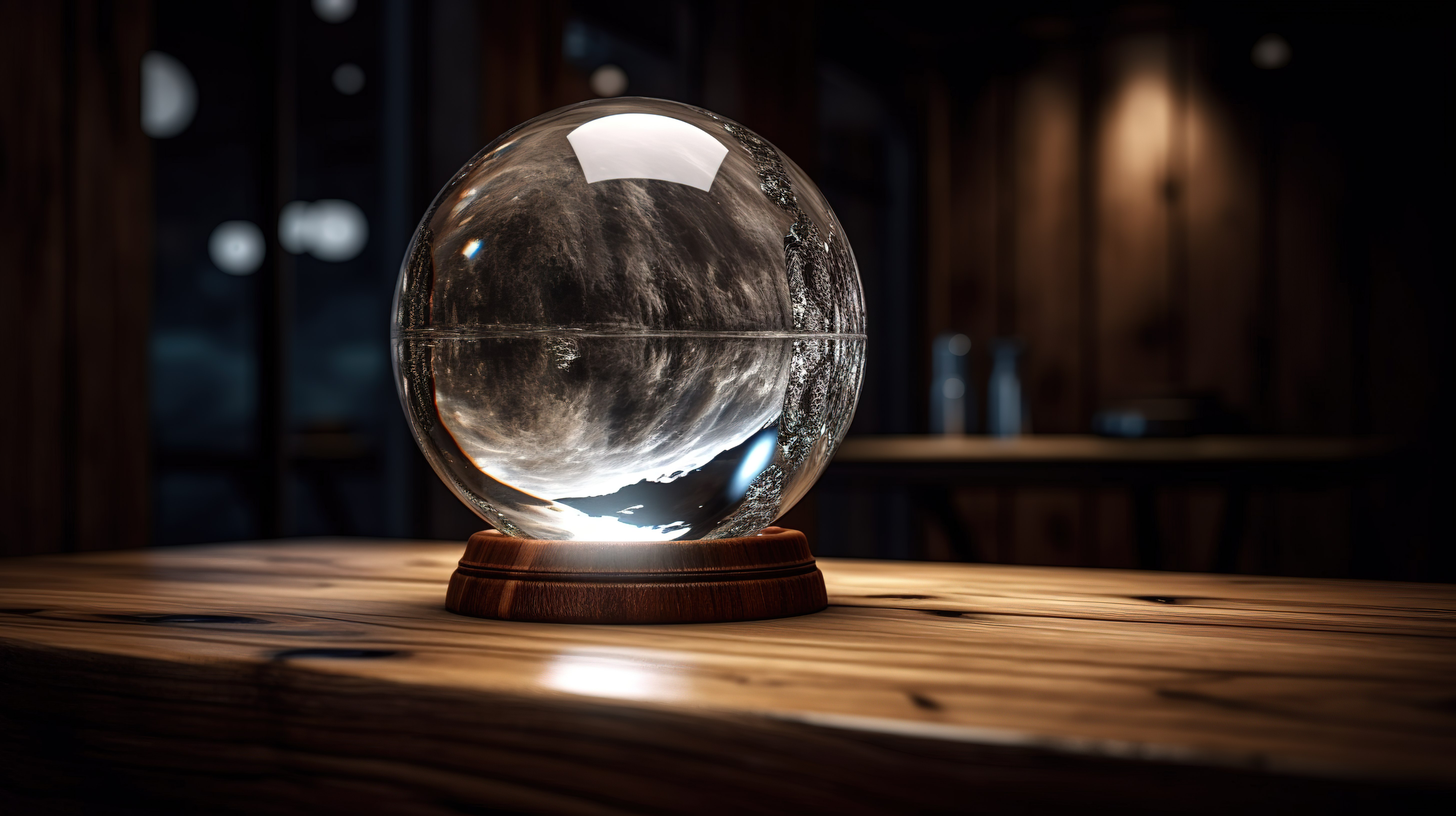 3d 渲染中的月亮水晶球放在木桌上图片