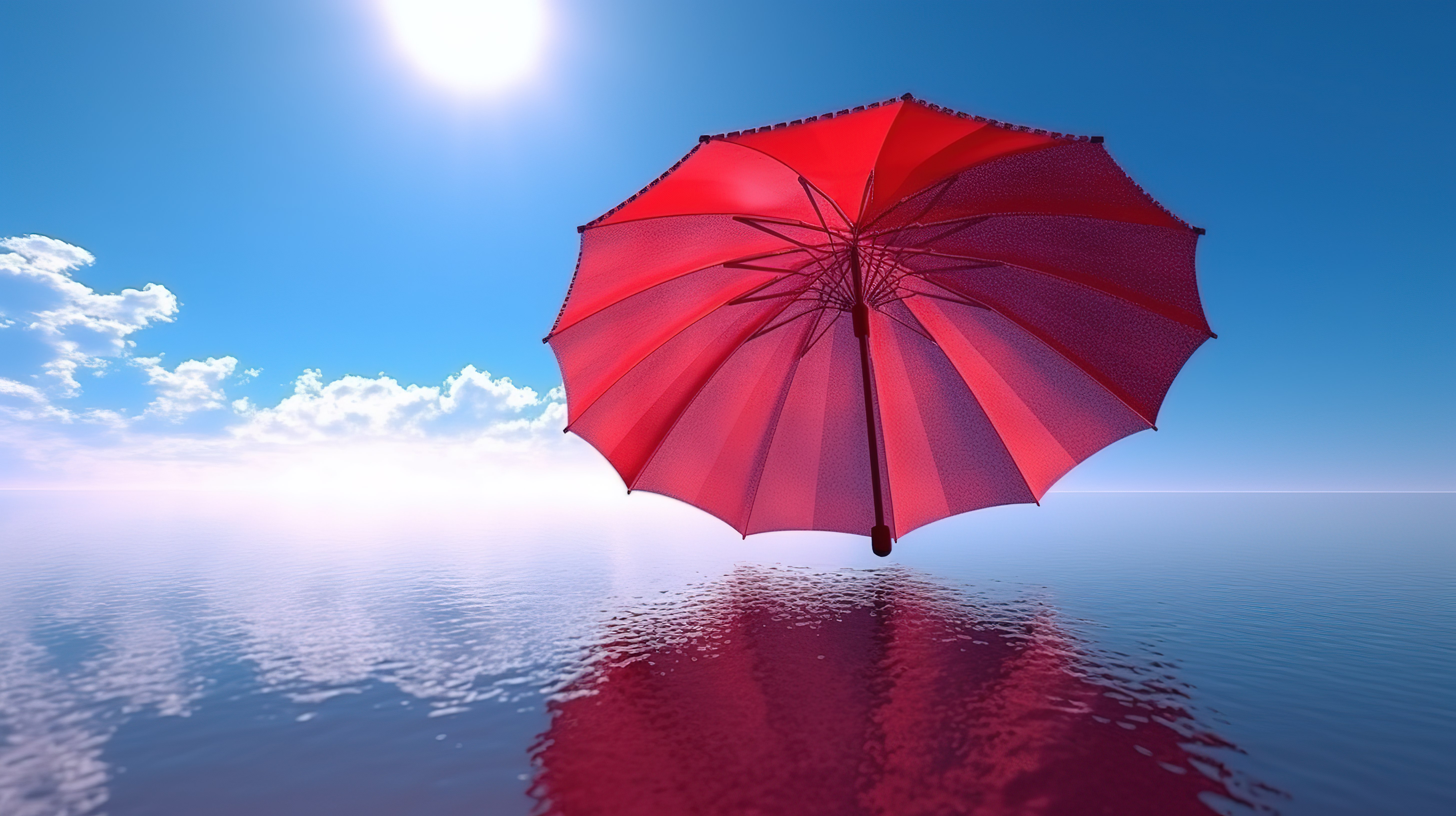 红伞在 3D 设计中翱翔在蓝天之上图片