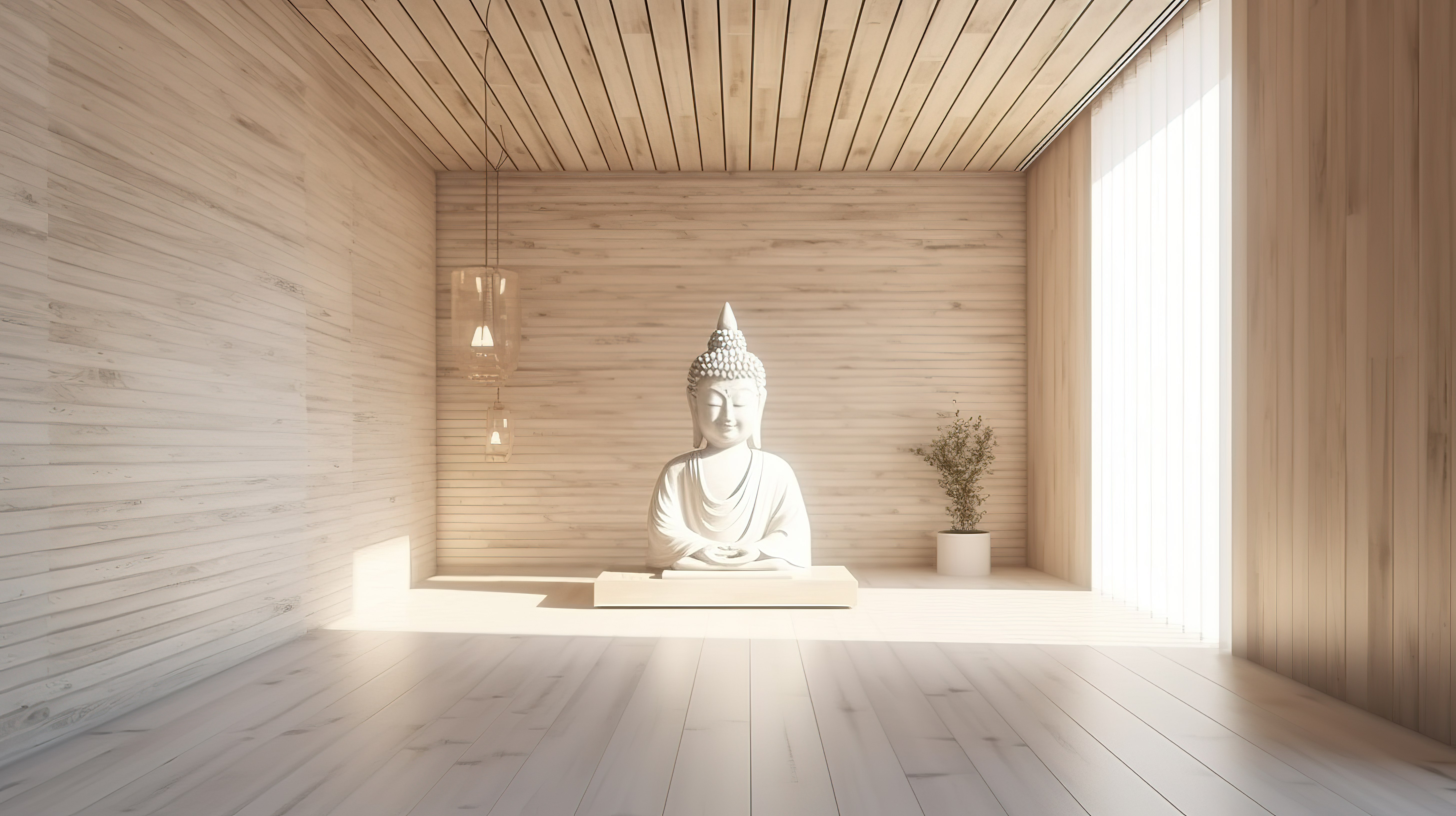 阳光照射的 3D 渲染中带有木质和白色特色墙的当代佛祈祷室图片