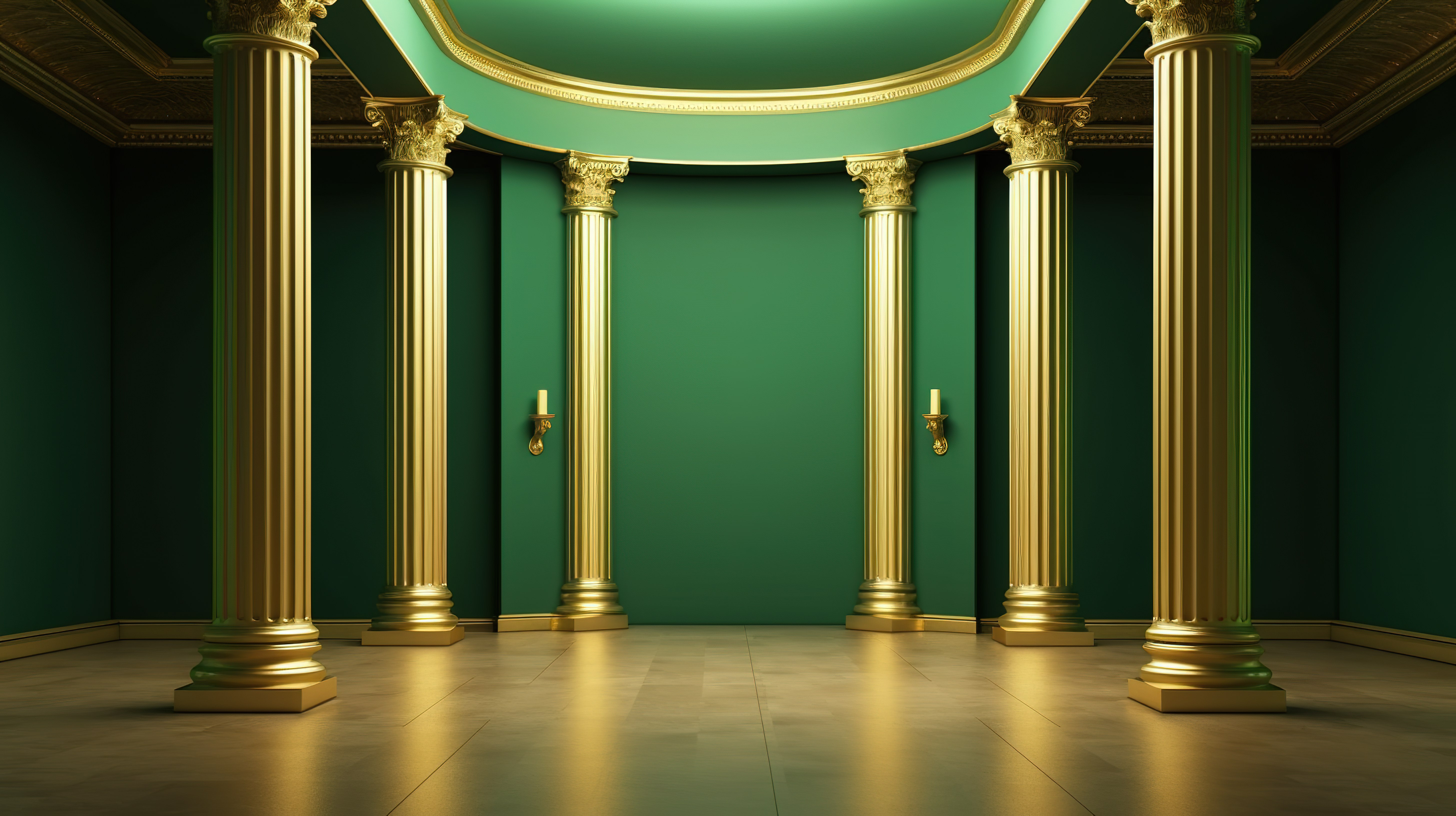 绿墙背景和金色柱子在宽敞的空房间 3d 渲染图片