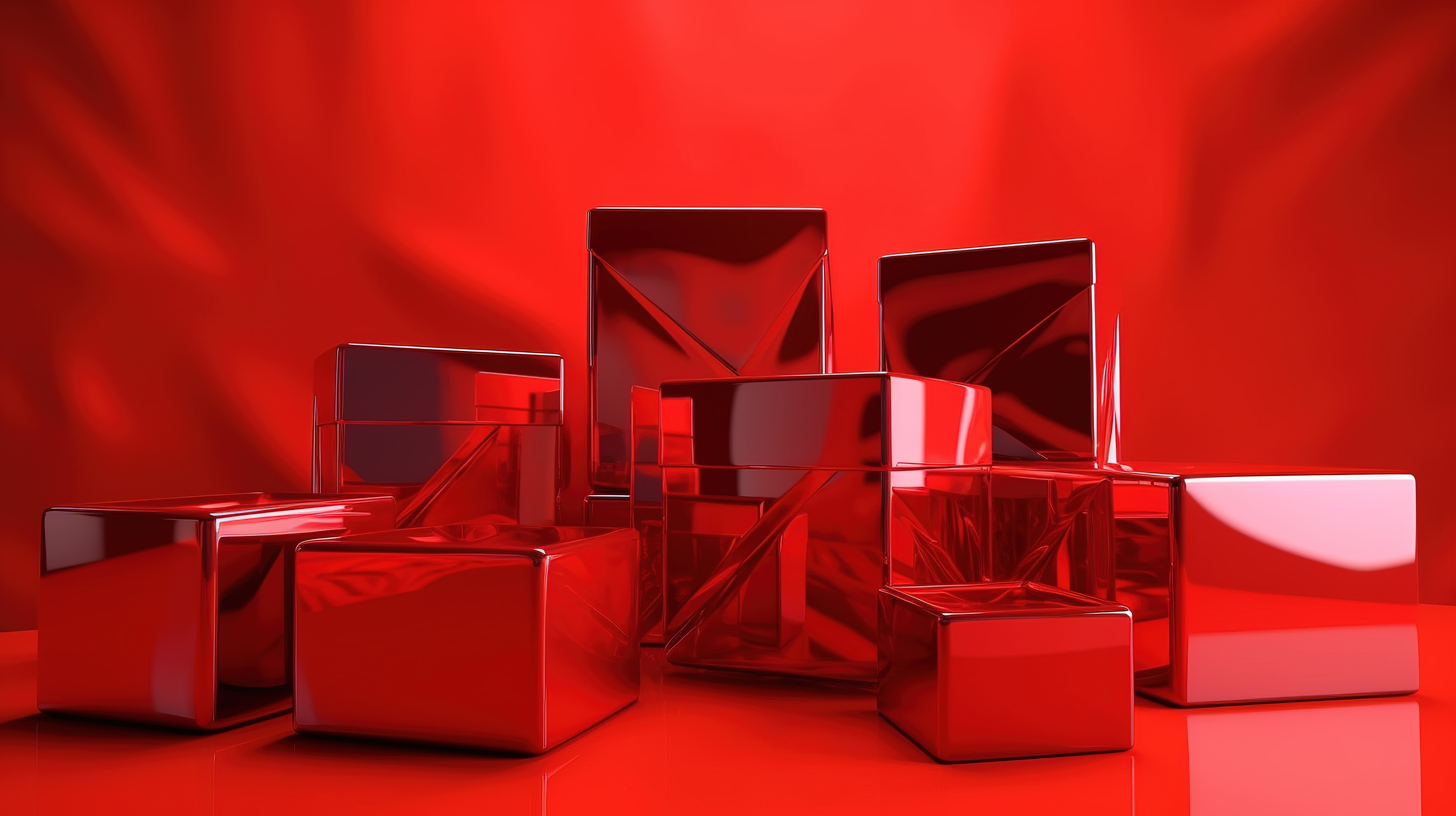 充满活力的红色玻璃背景上的 3d 节日礼物盒图片