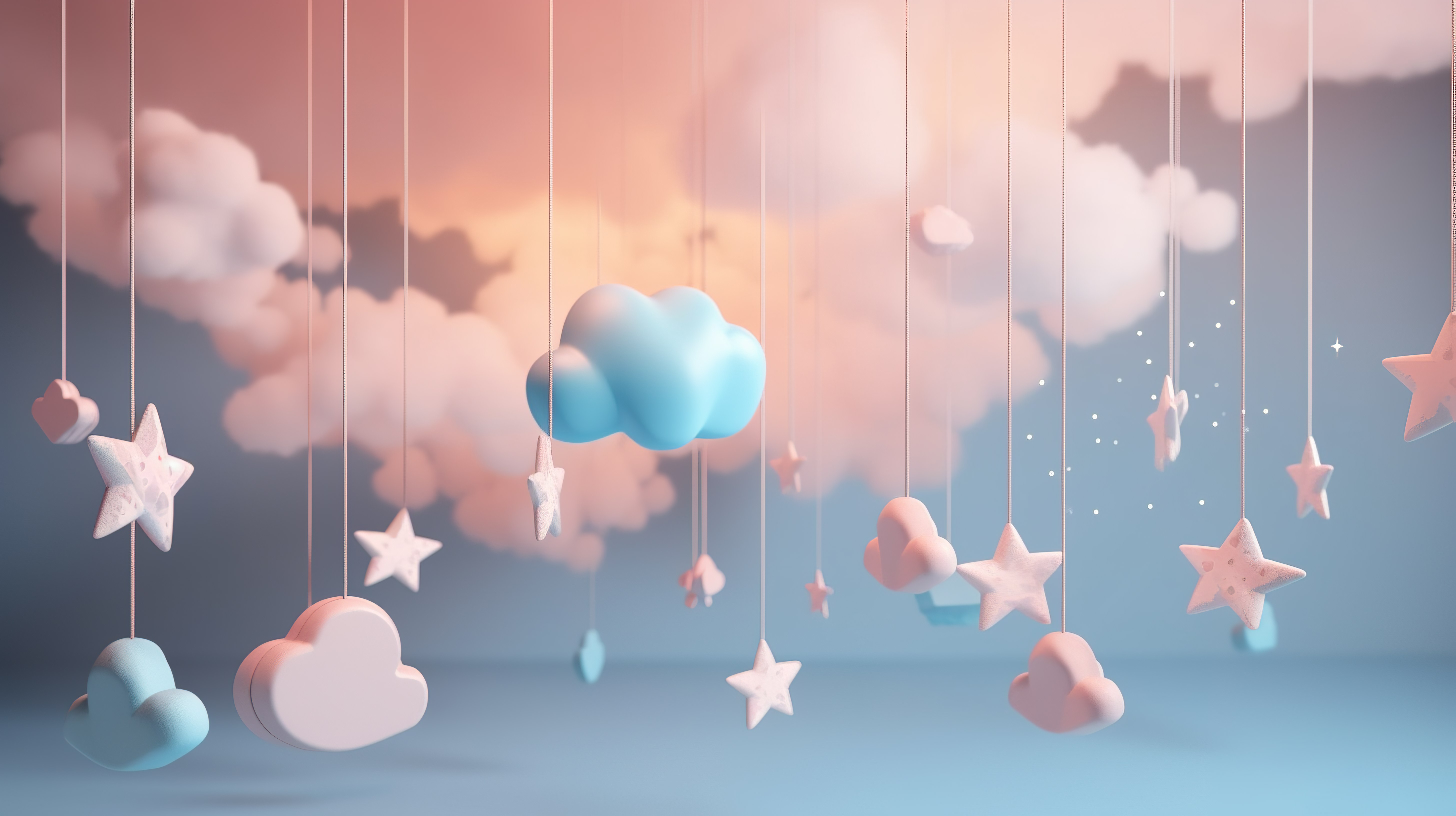 壁纸以柔和梦幻的粉彩云彩和 3D 悬挂的星星为特色图片