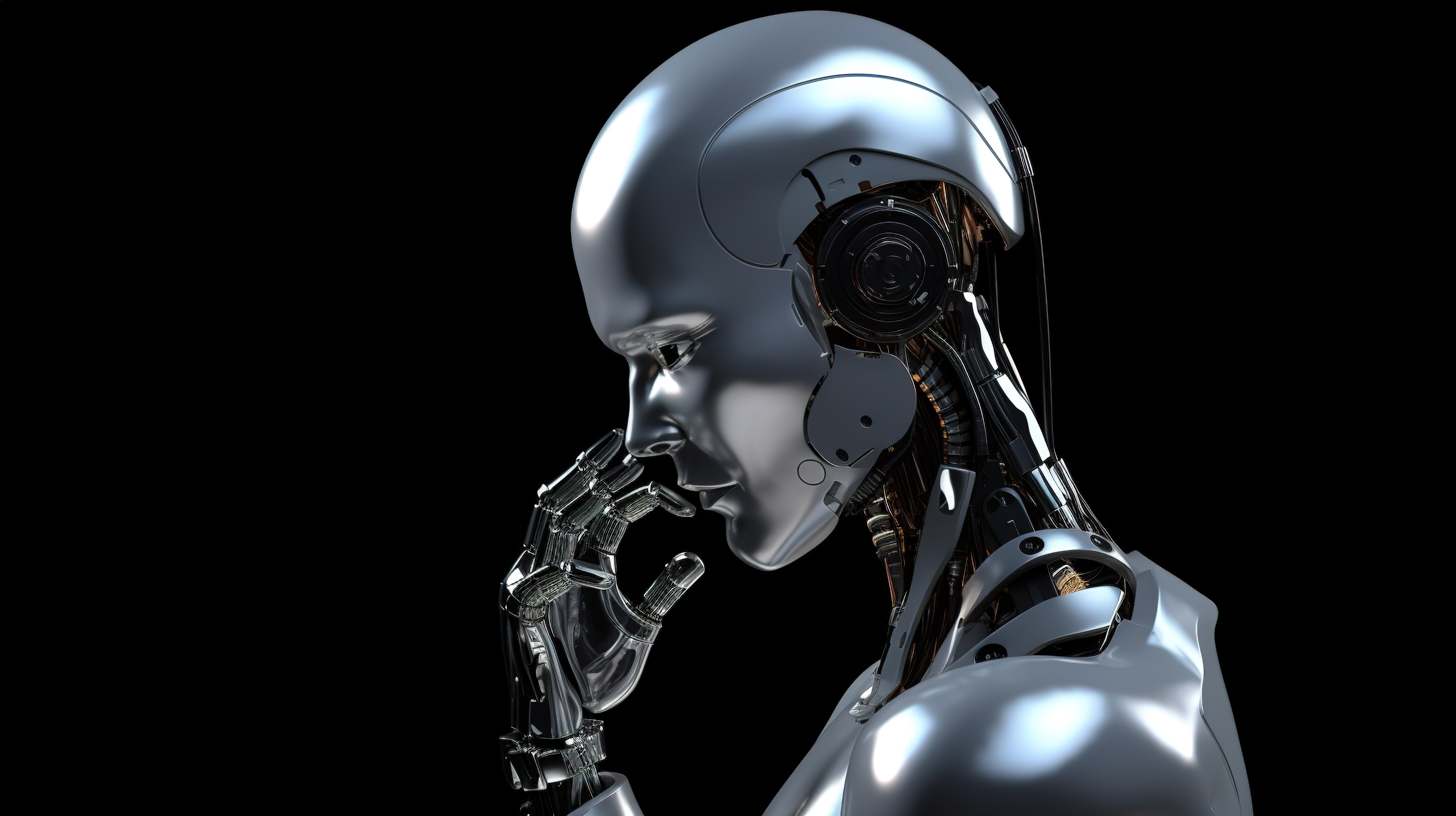 android 机器人在 3d 渲染中用手指向头部指示时进行深入思考图片