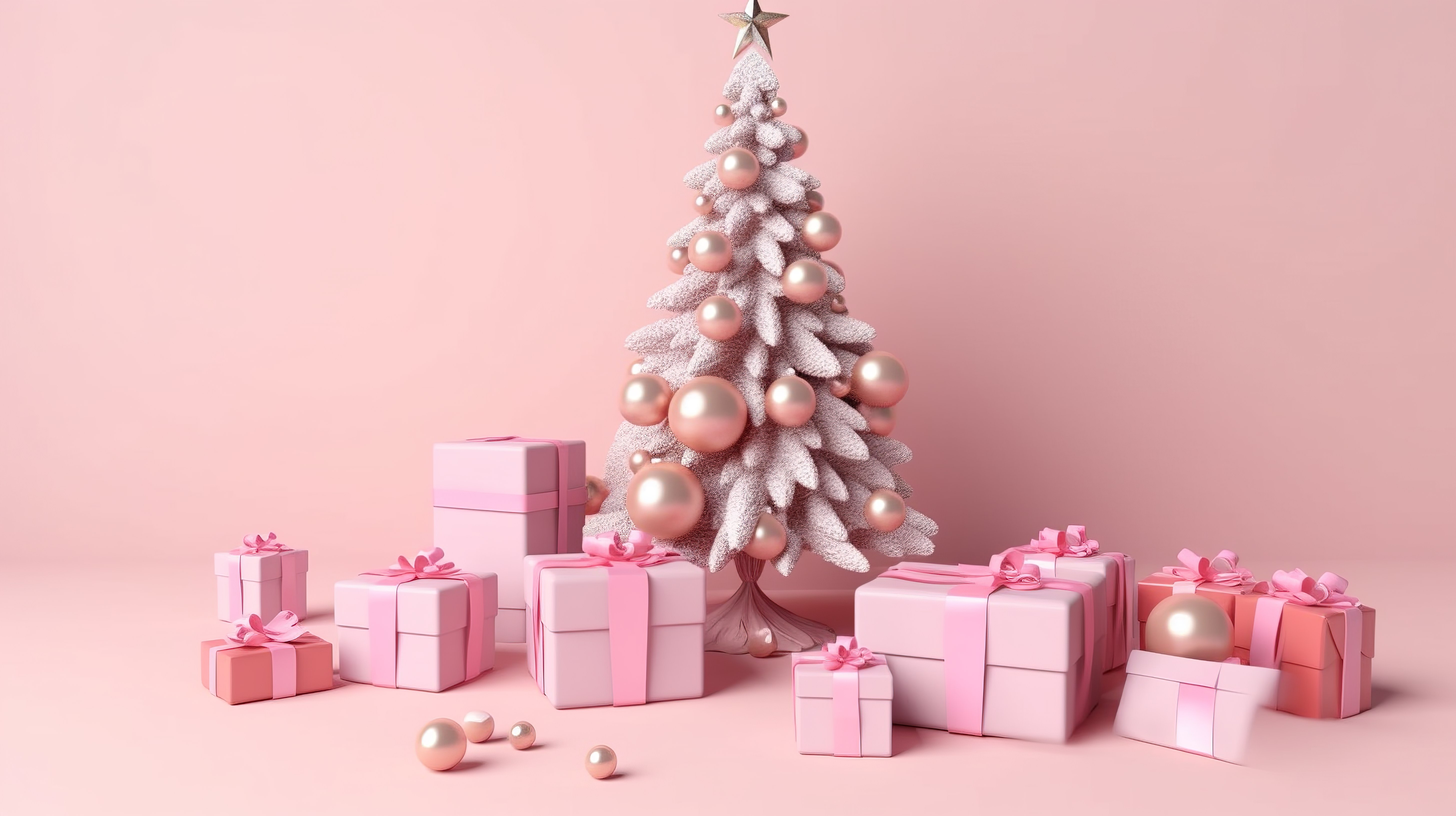 圣诞主题日历，带有礼品树和小饰品，在柔和的粉红色背景上以 3D 渲染图片