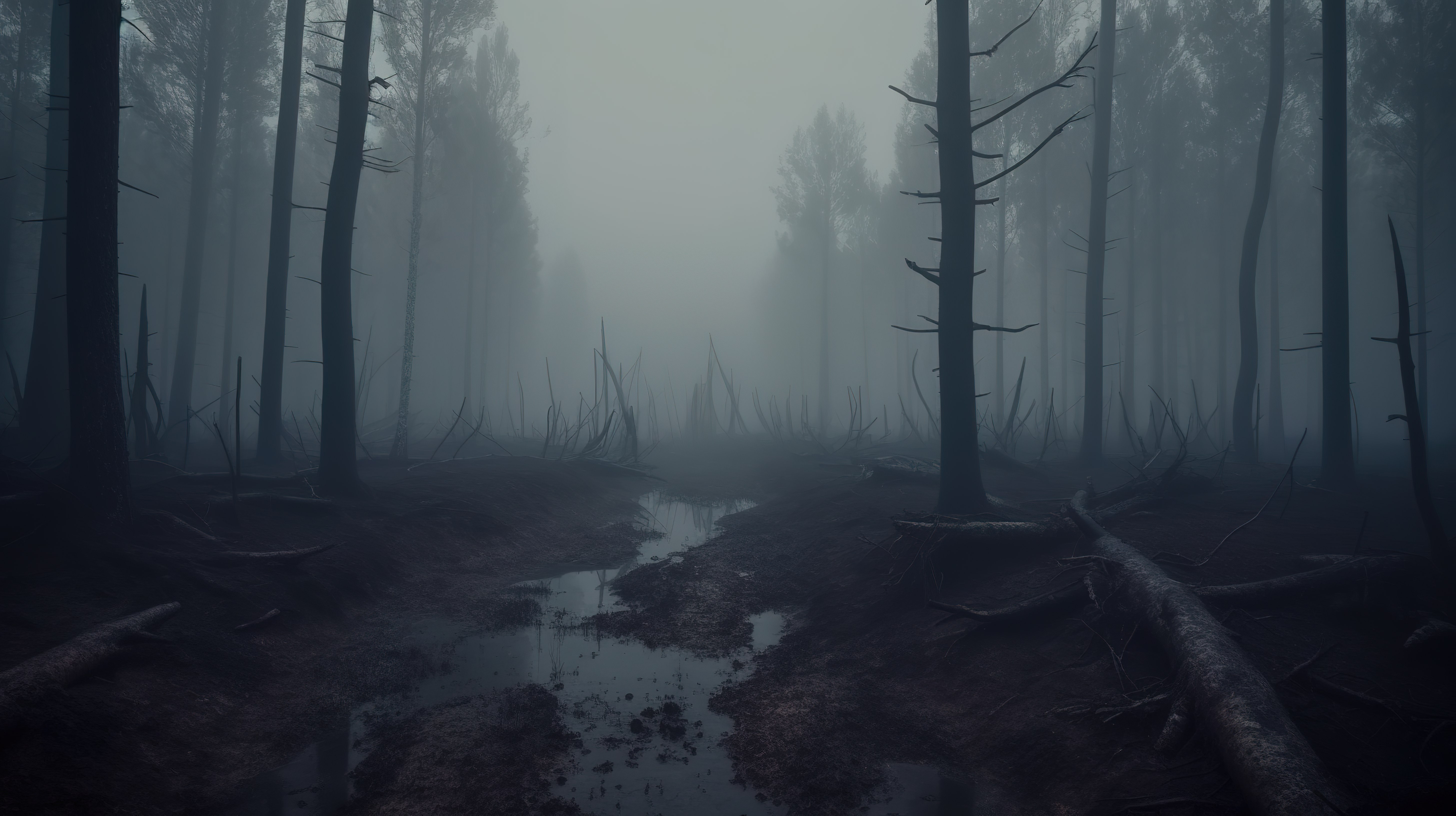 一片荒凉的森林的迷雾和令人毛骨悚然的 3D 可视化图片