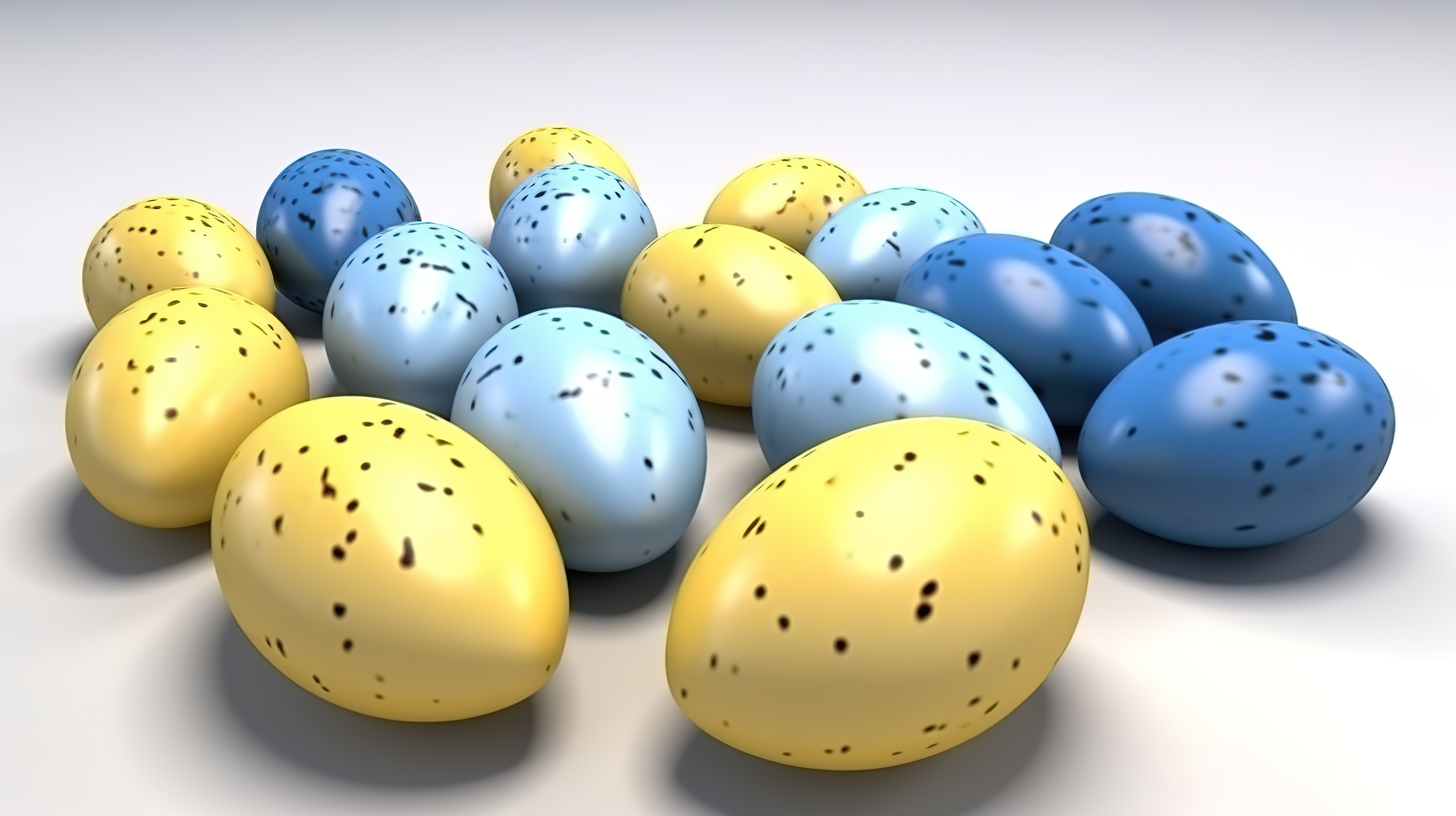 以原始白色背景为背景的黄色和蓝色鸡蛋的美丽复活节主题 3D 渲染图片