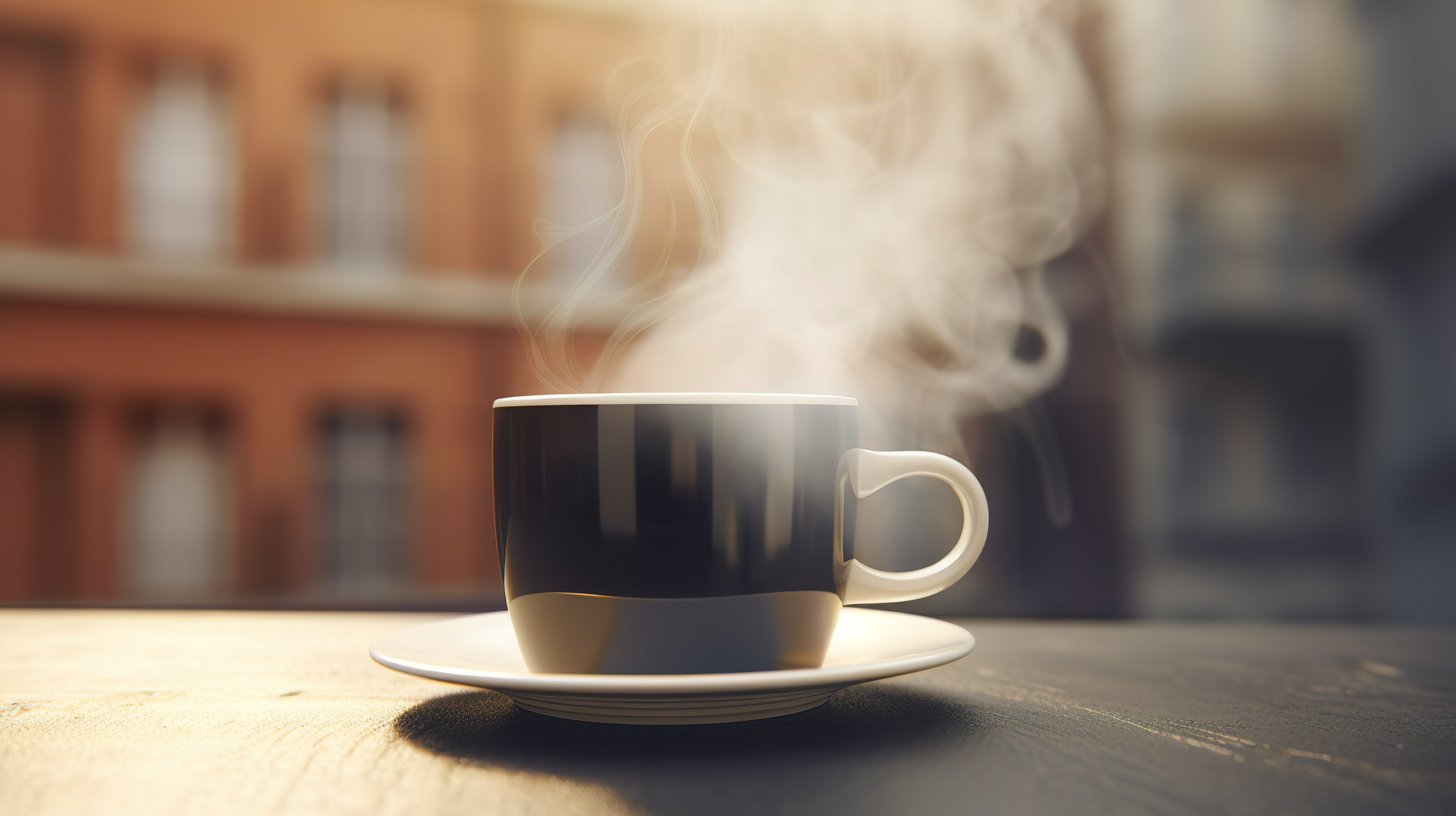 在房屋或办公室模糊背景下冒烟的咖啡杯的 3d 渲染图片
