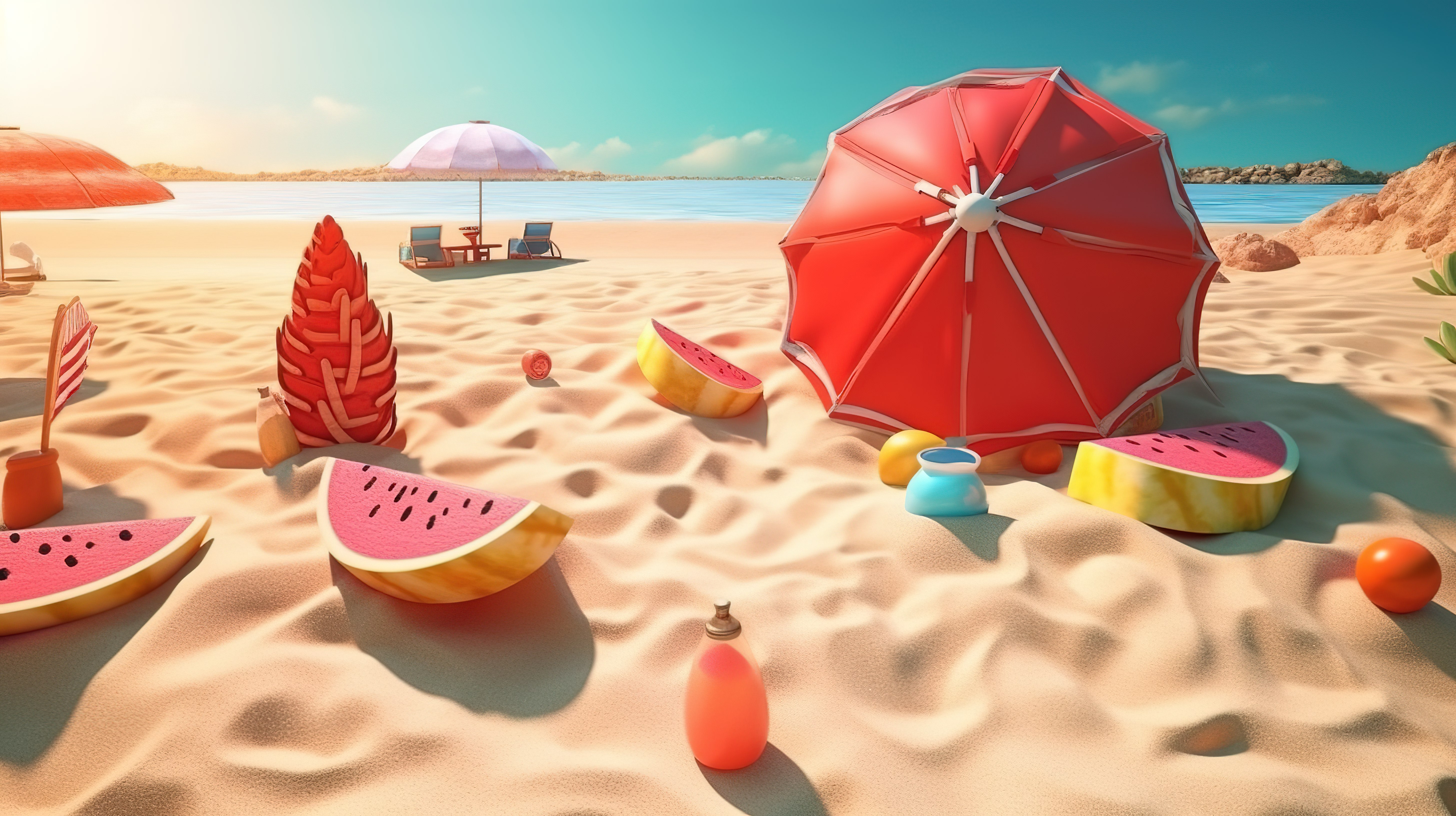 夏日乐趣海滩的 3D 渲染与太阳救生圈球冰淇淋冷饮太阳伞和西瓜图片