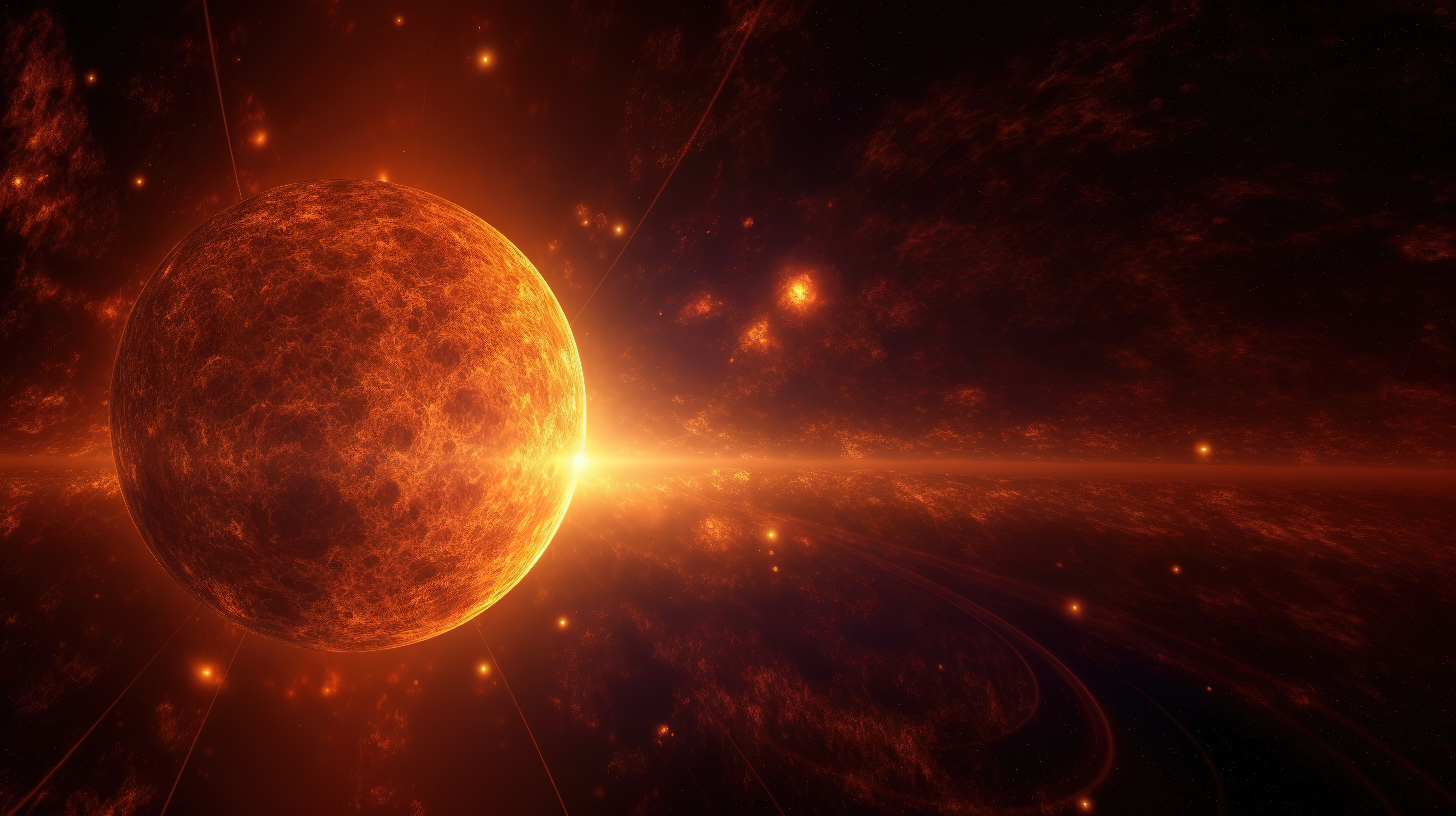 宇宙背景中的木星和太阳 3d 以不同比例渲染图片