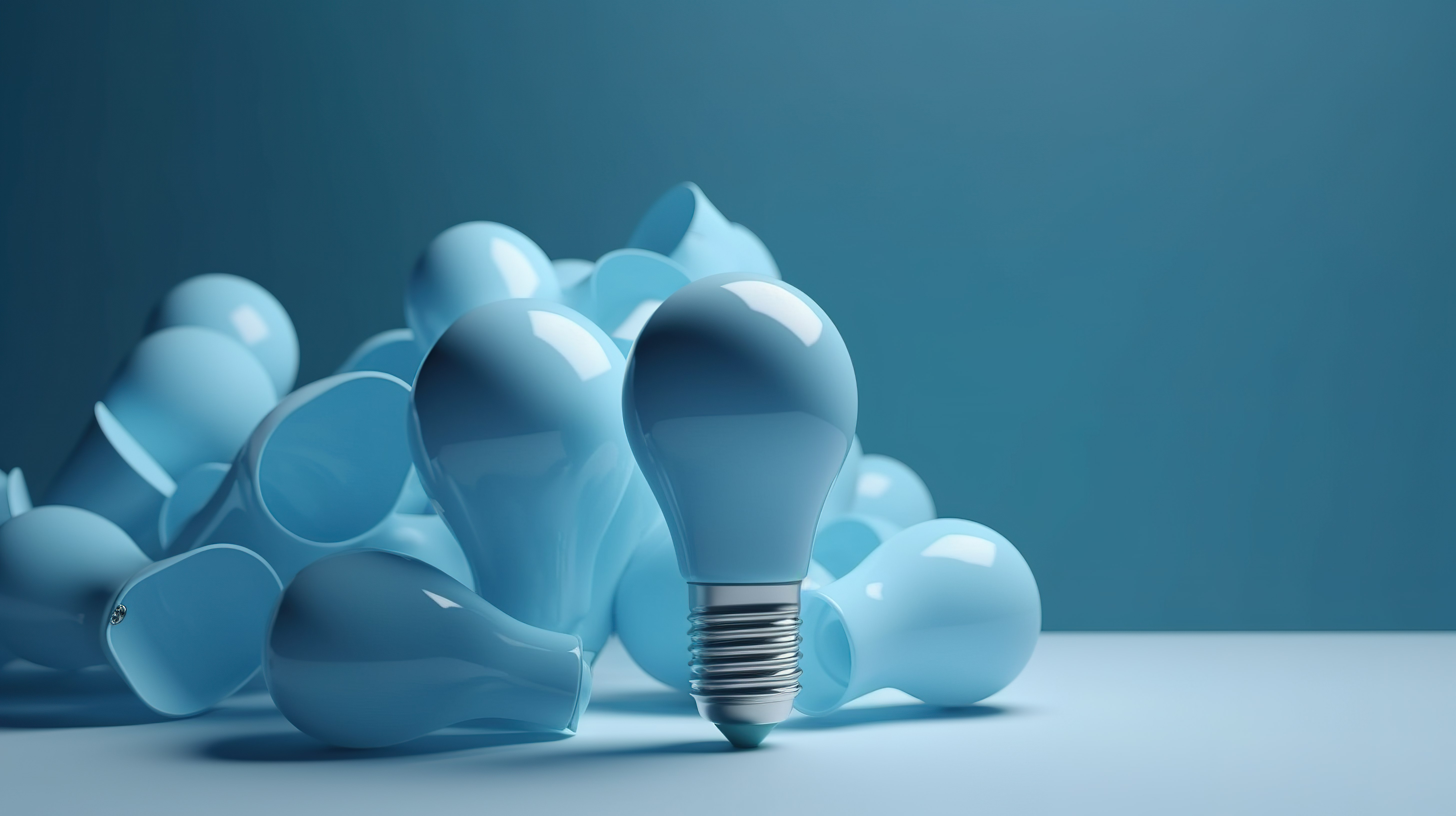 蓝墙上的教育理念逼真 3d 灯泡象征着知识和思想的传达图片