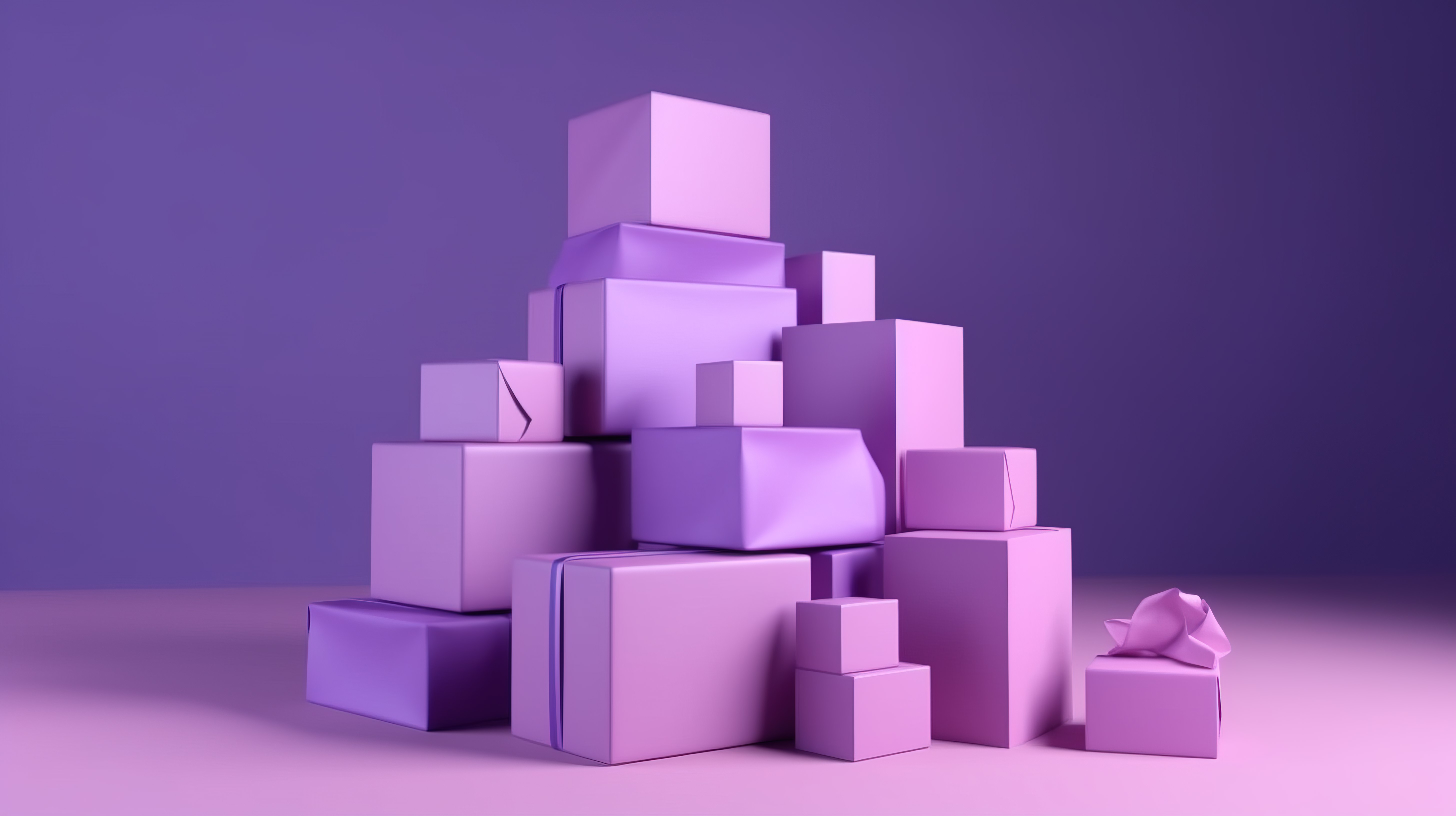 最小样式的 3d 包裹盒堆栈概念呈现在紫色背景上，用于网站插图图片