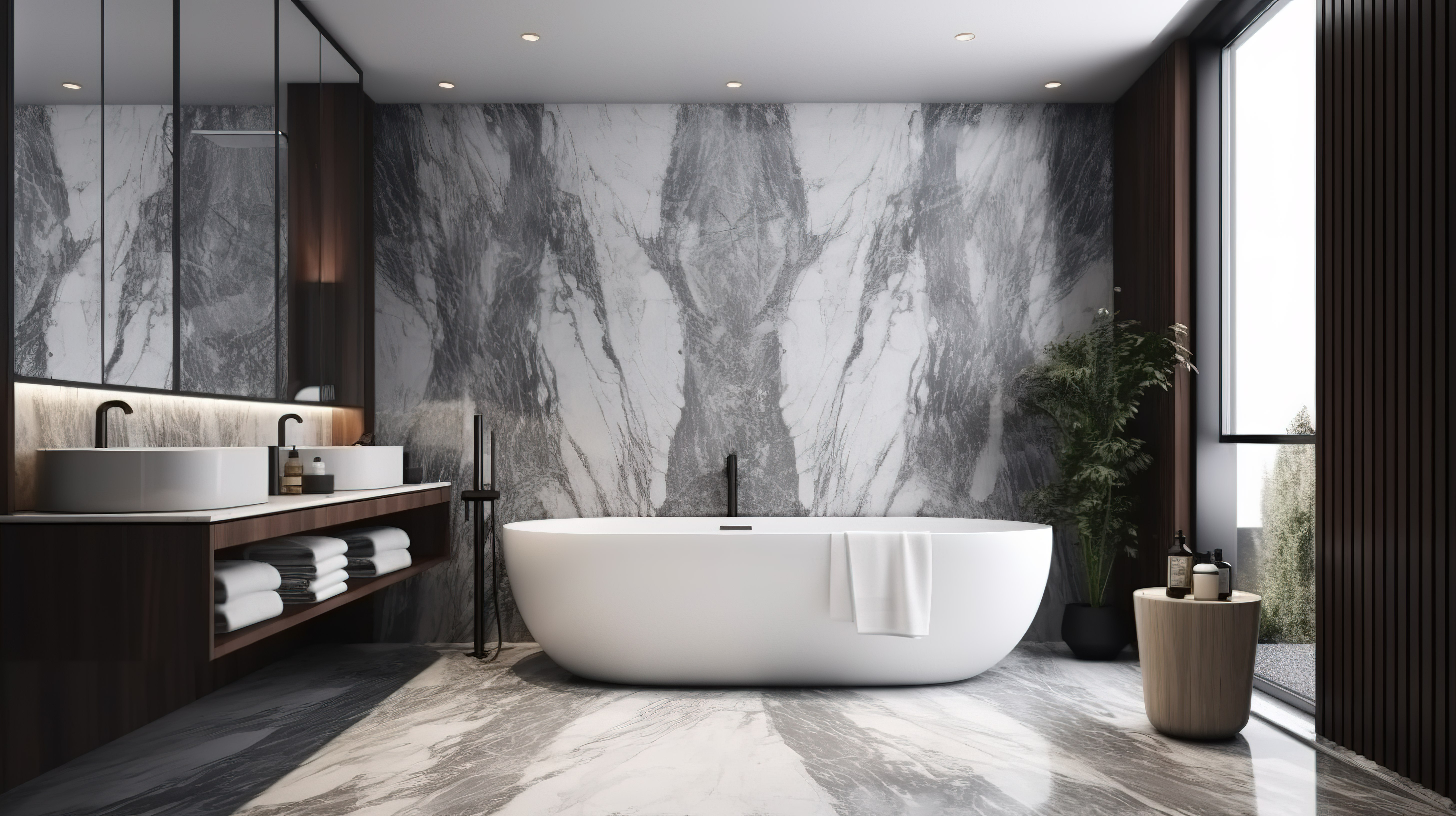 高端和现代浴室设计，采用 3D 渲染大理石瓷砖和背景图片