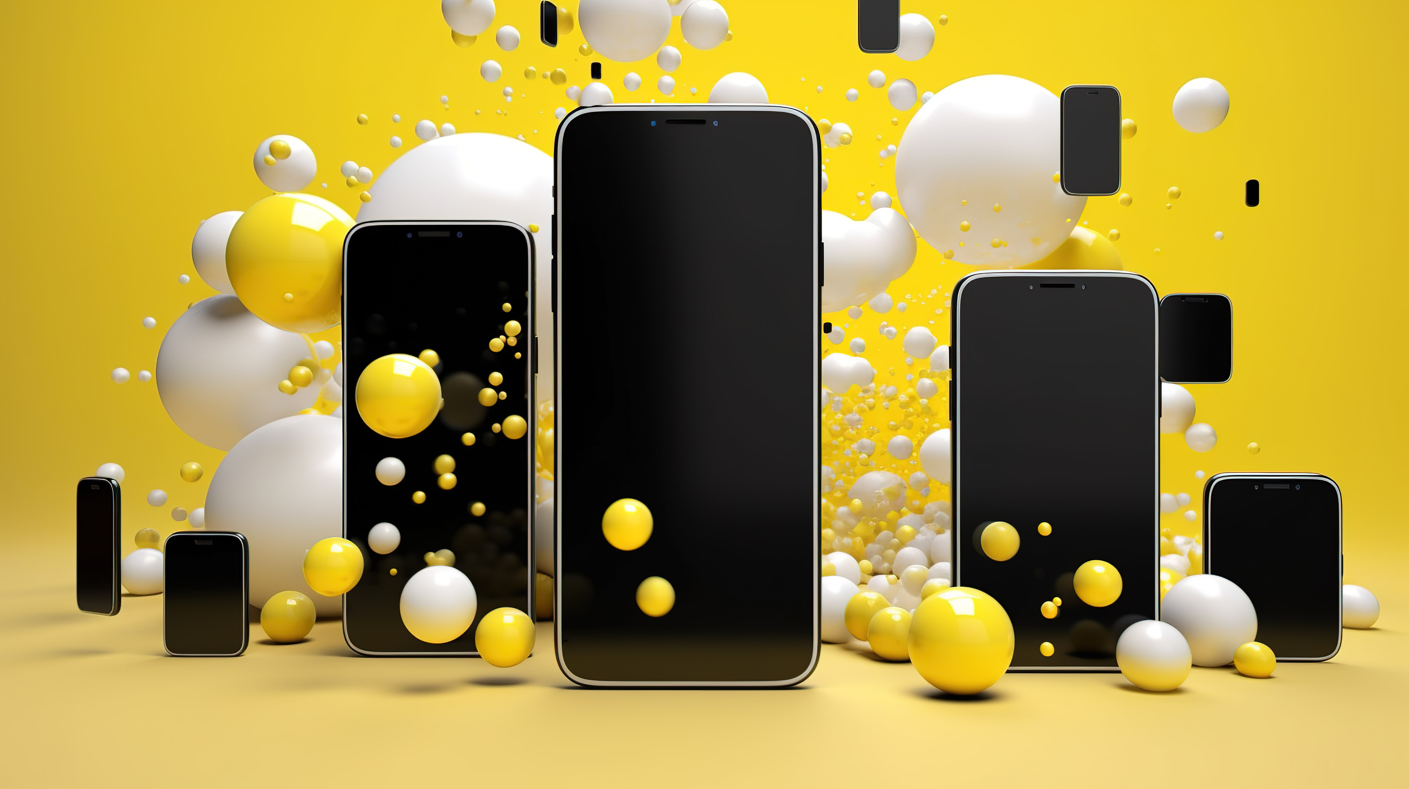 流行艺术风格的各种智能手机漂浮在黄色光滑的气泡中，屏幕空白，非常适合广告和社交网络概念图片
