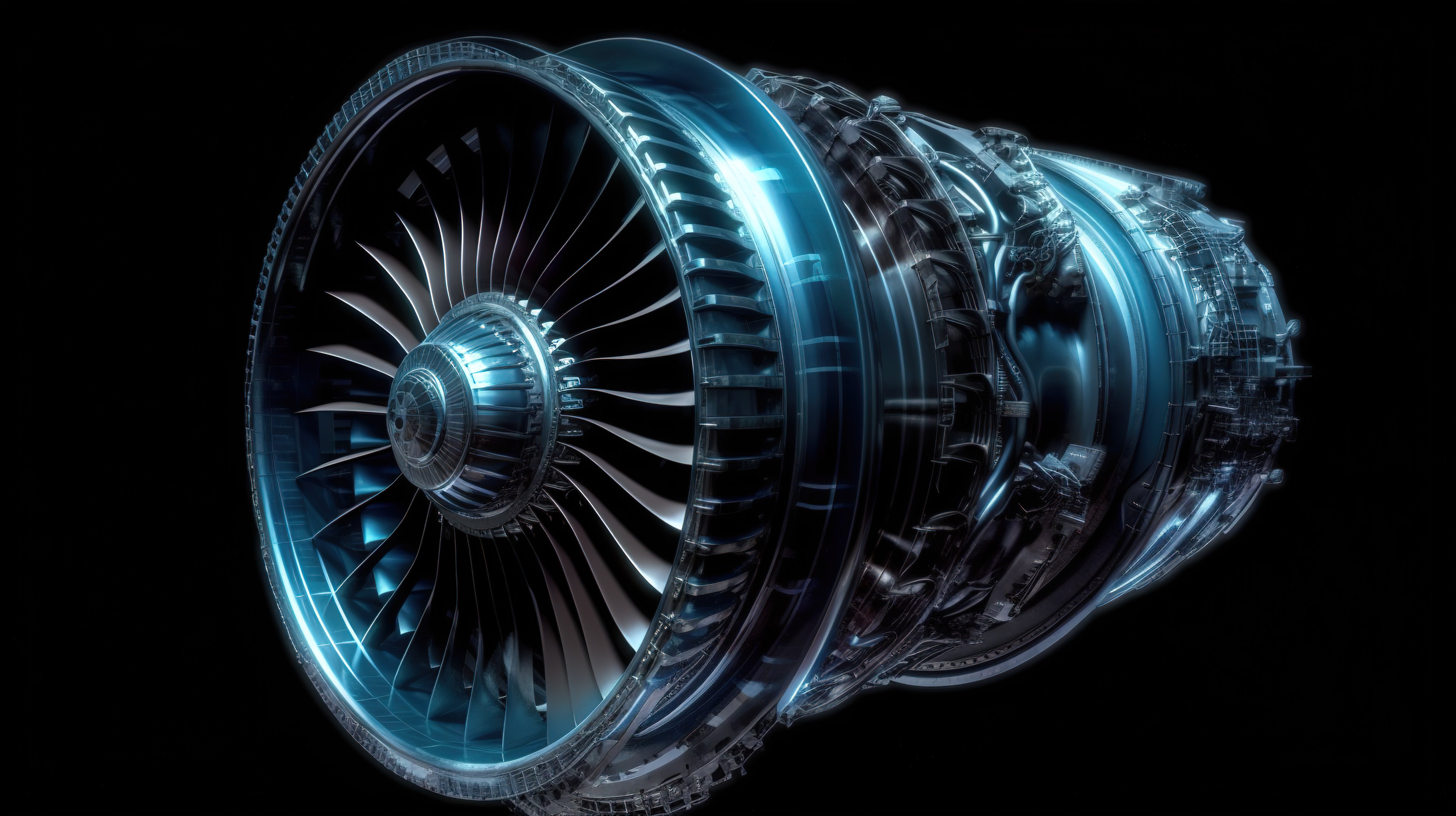 从侧面观察喷气发动机的 3D 插图，在黑色背景上隔离，涂有蓝色配色方案图片