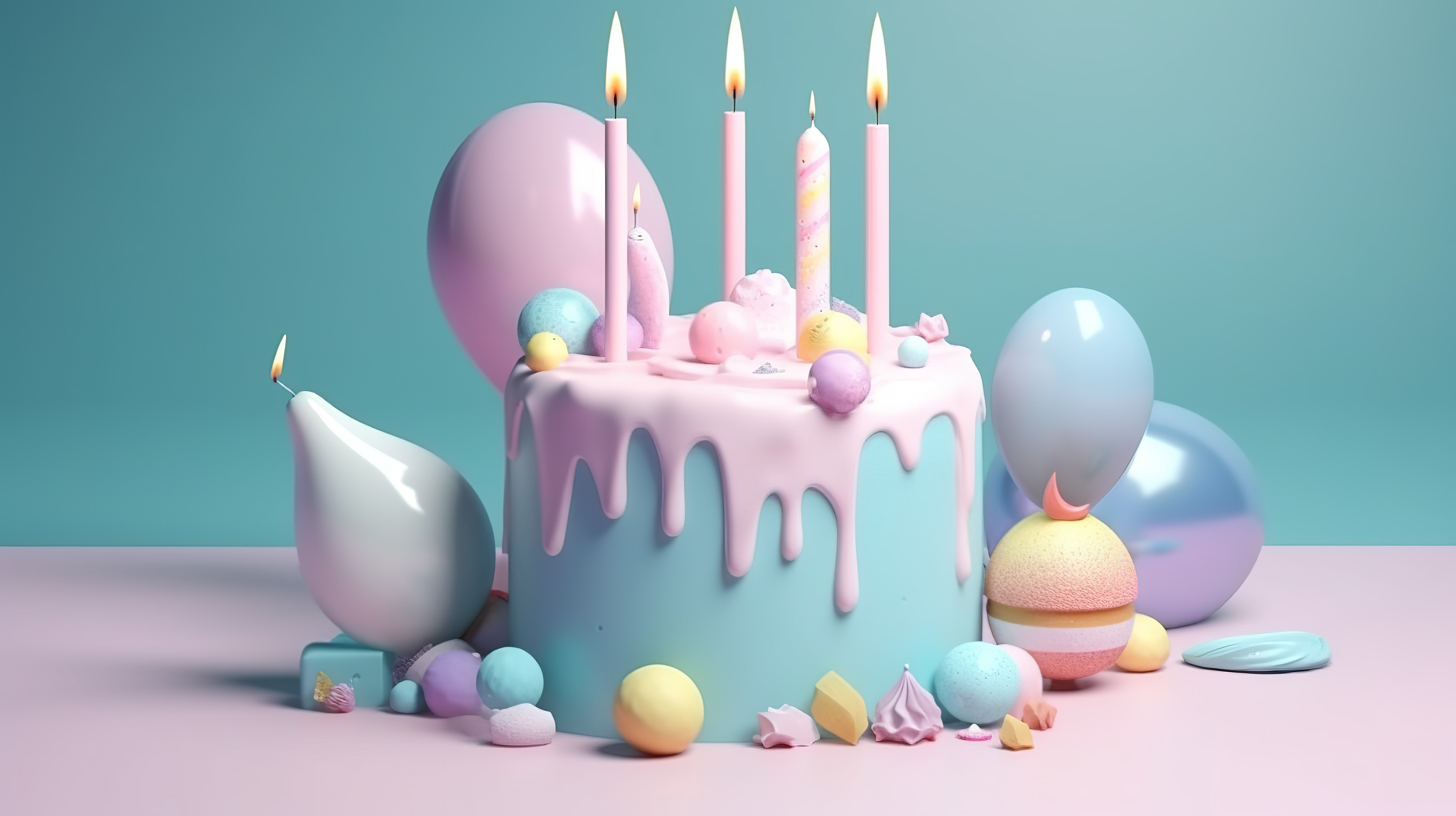 6 岁生日庆祝 3d 粉彩蛋糕，蓝色背景上有蜡烛复制空间图片
