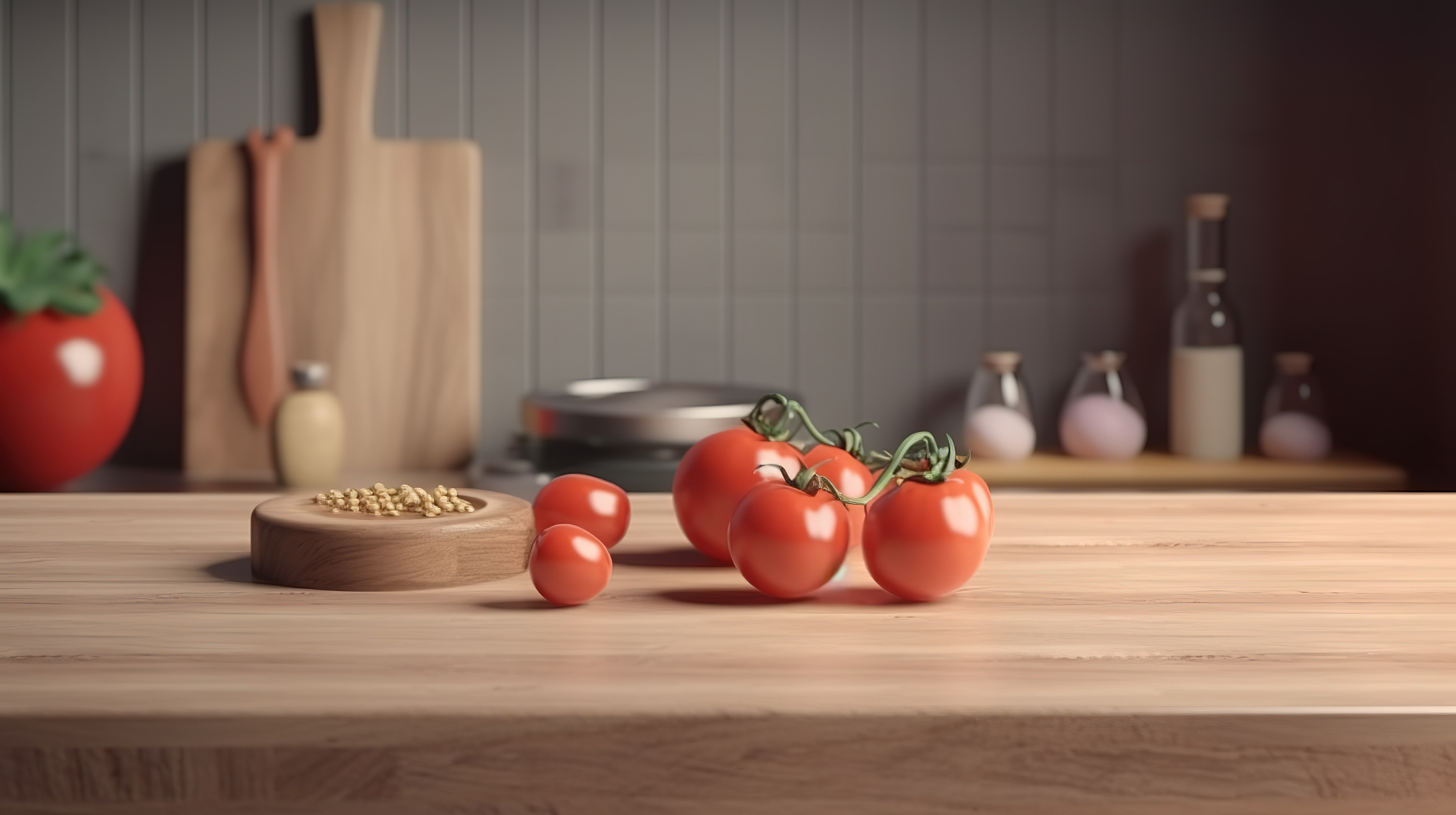 厨柜背景与木制台面砧板和番茄 3D 渲染图片
