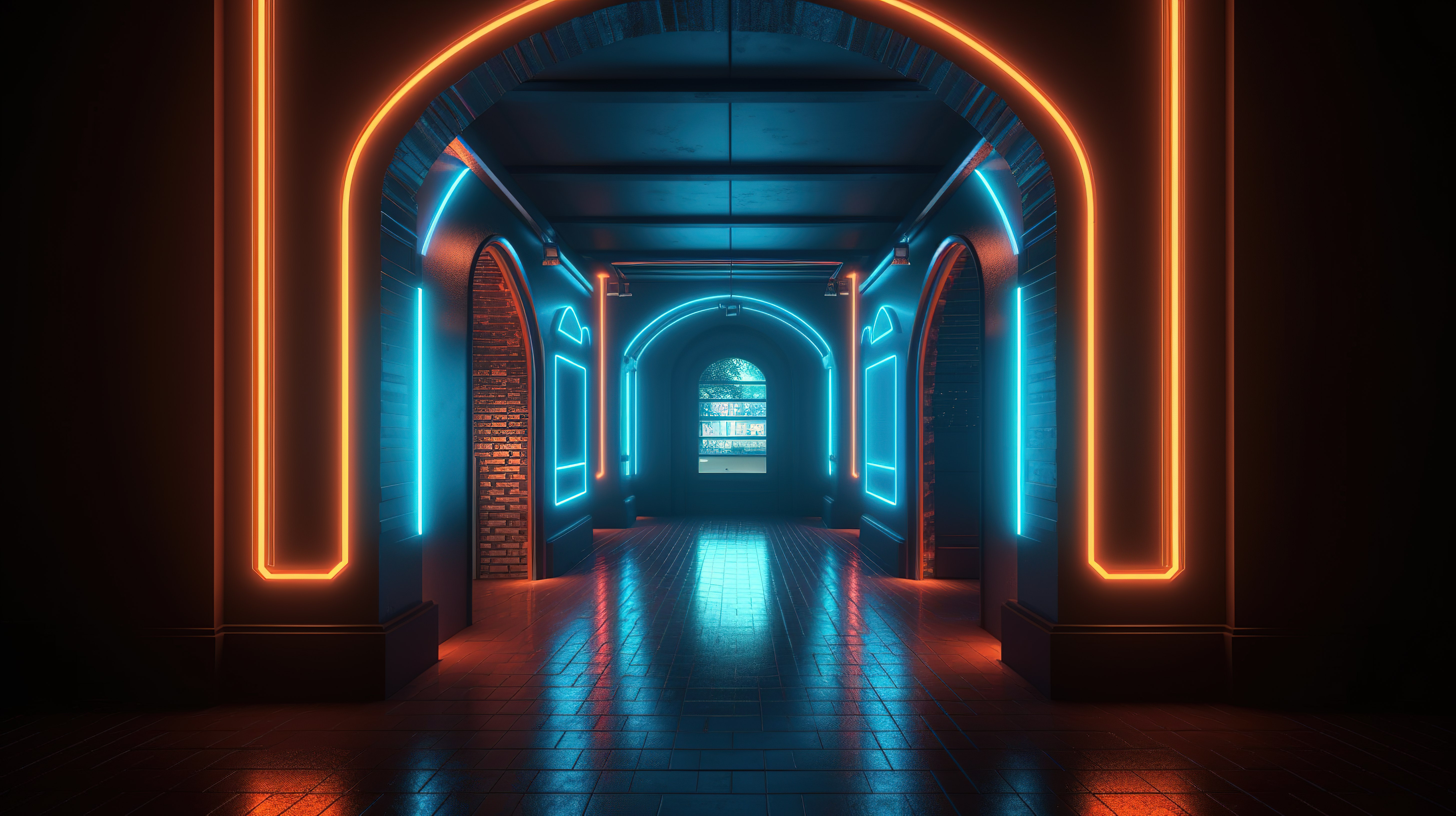 霓虹灯和拱门在 3d 中照亮的未来派走廊图片