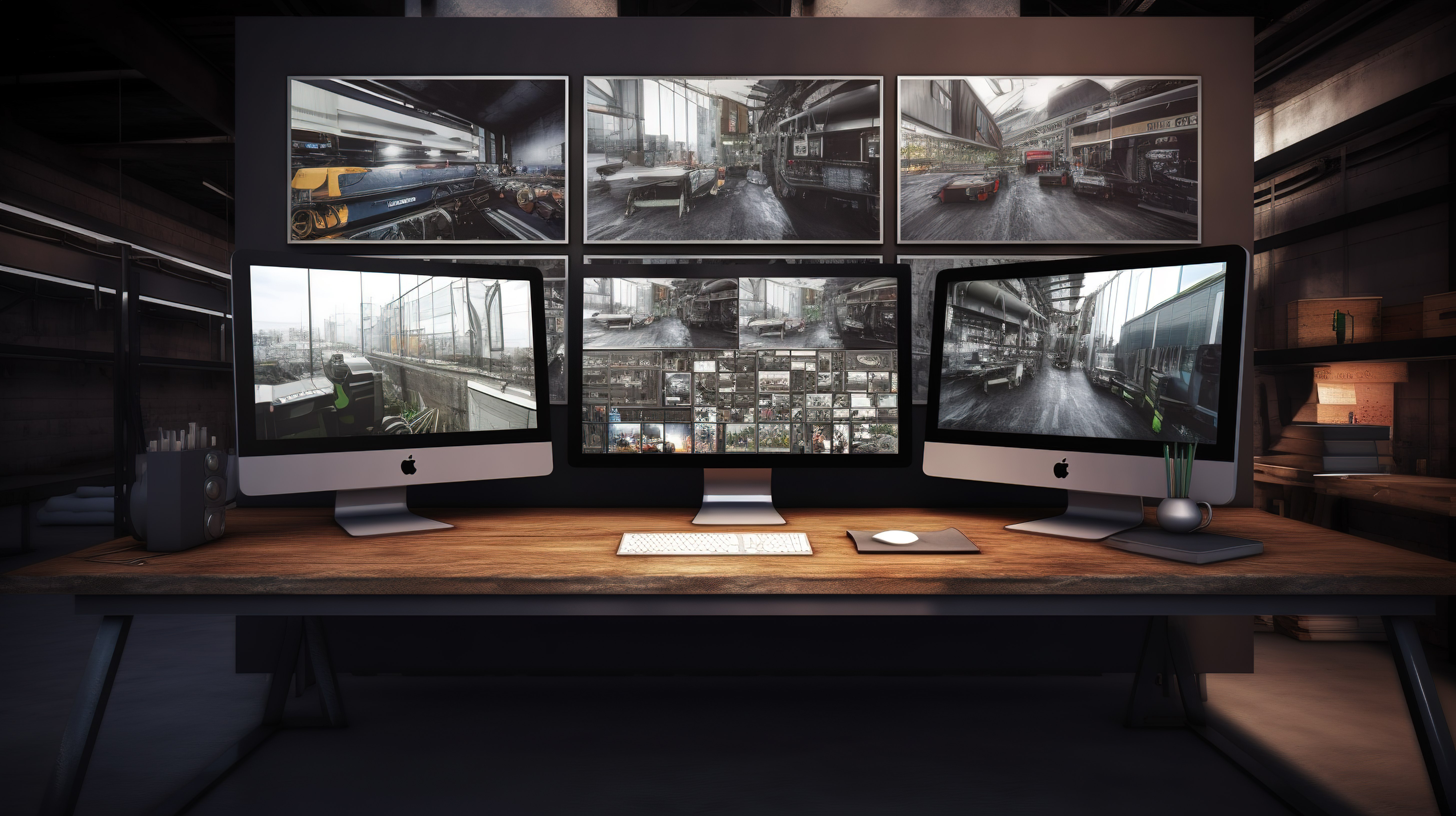在工业工作区 3d 渲染中显示照片组合的计算机屏幕图片