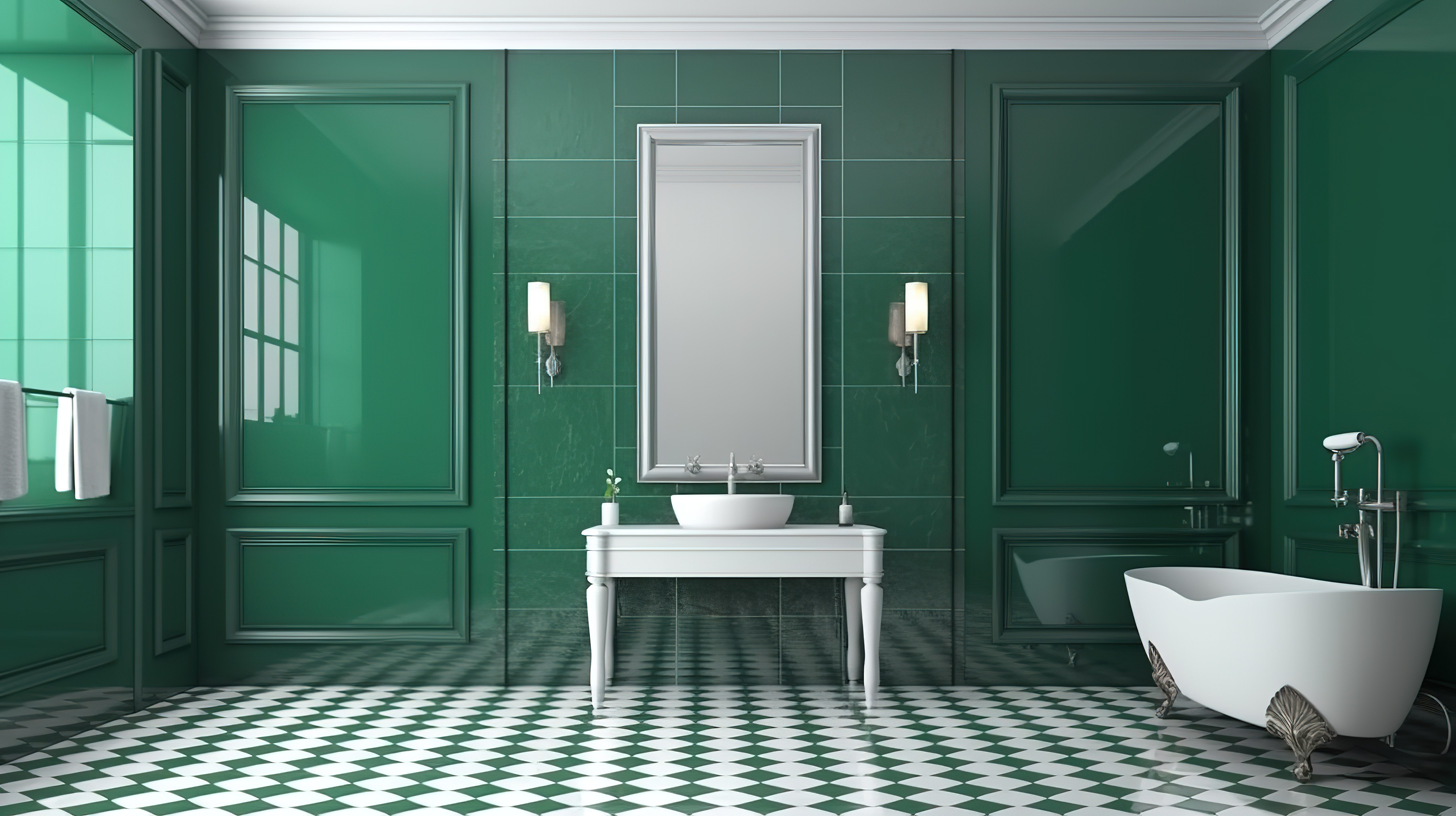 经典风格的酒店浴室 3d 渲染绿色瓷砖墙大镜子和角落的白色洗脸盆图片