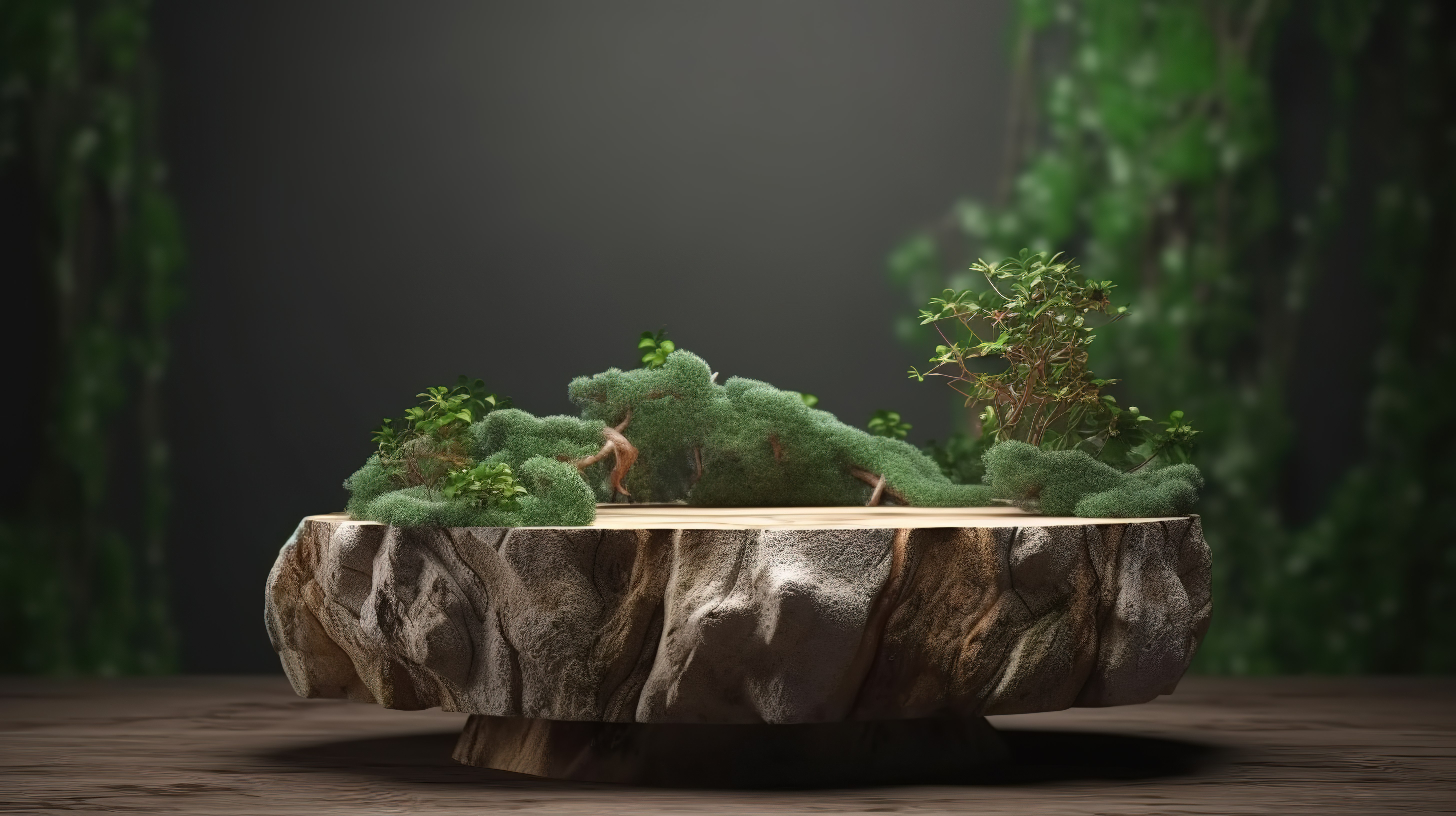 品牌产品展览样机模板 3d 渲染木台架与天然岩石和绿色植物基座图片