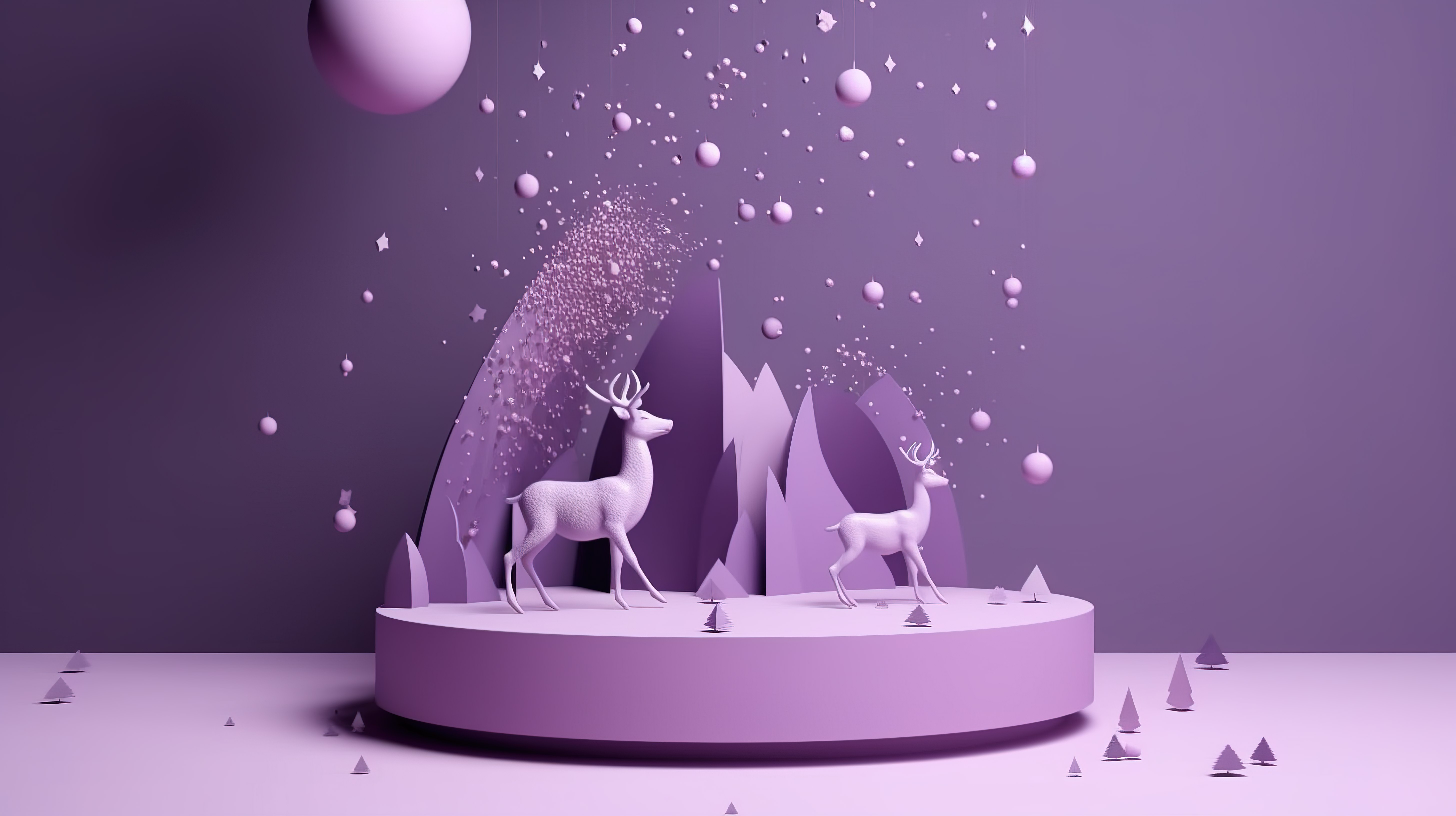 迷人的冬季仙境 3d 紫色讲台与神奇的鹿图片