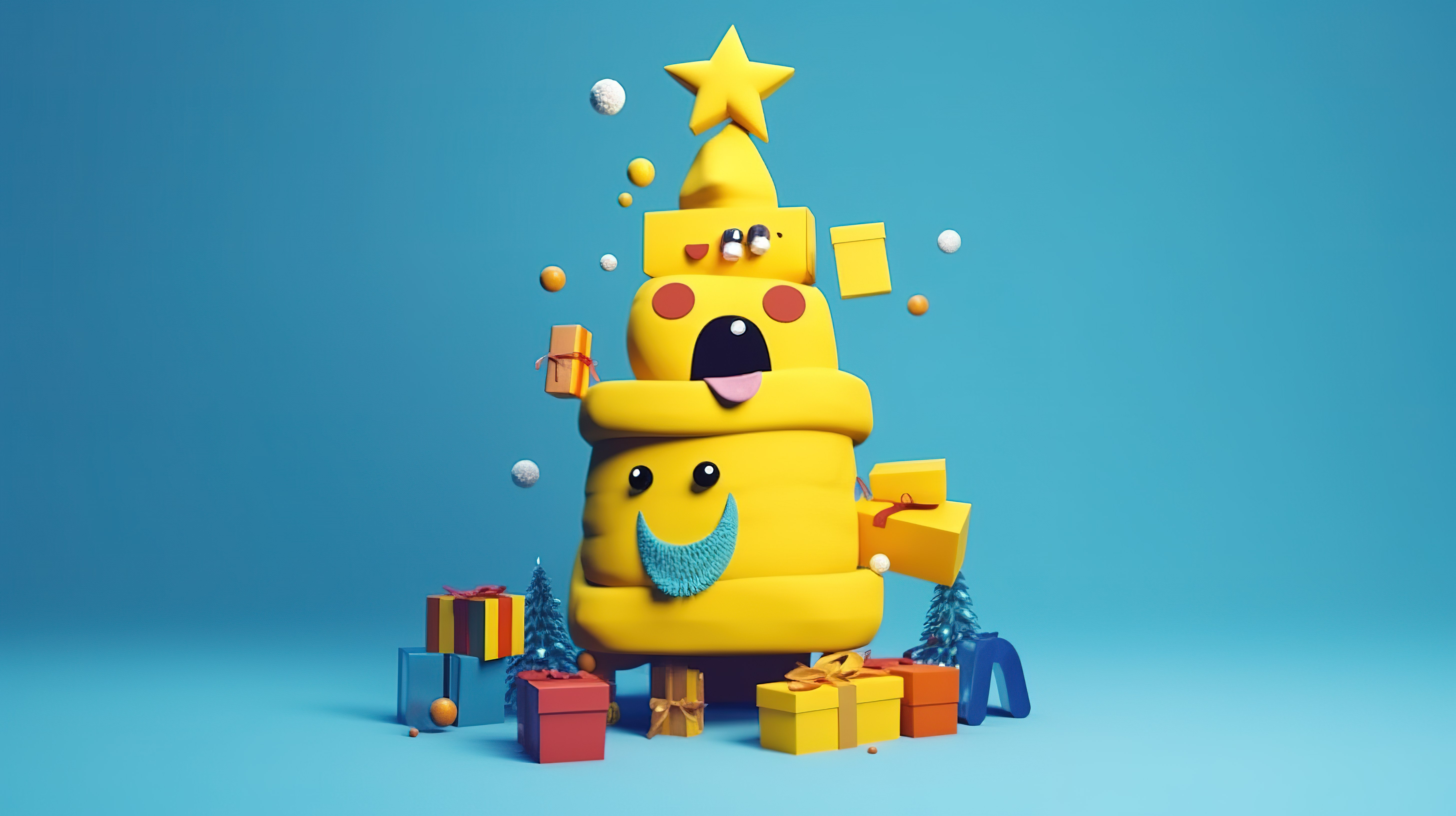 黄色的节日 3D 圣诞字体，带有欢快的圣诞树表情符号涂鸦和蓝色背景上悬挂的礼品盒图片
