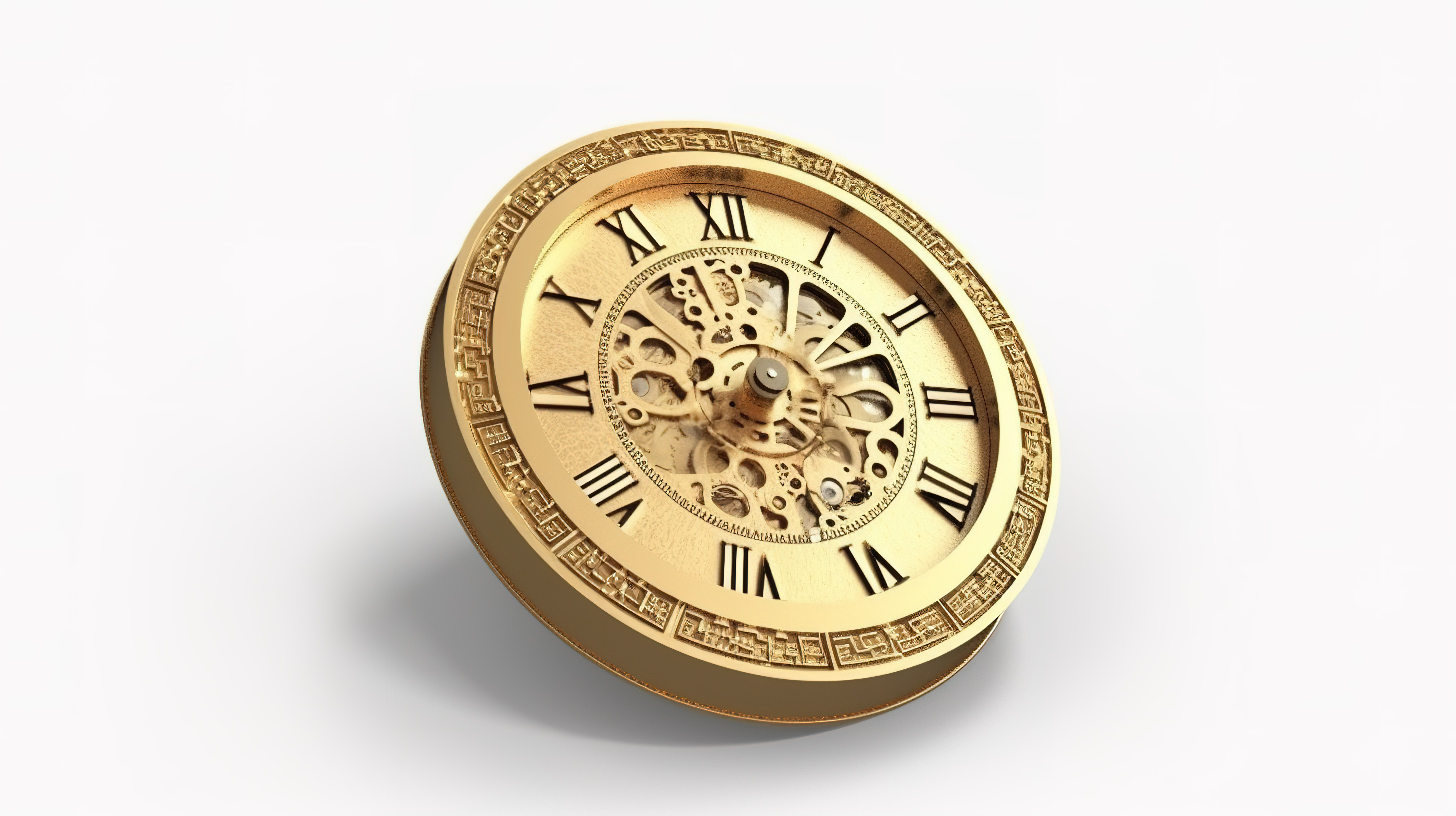 复古圆形时钟在金色古代 3D 插图上孤立的白色背景与秒表图标标志图片