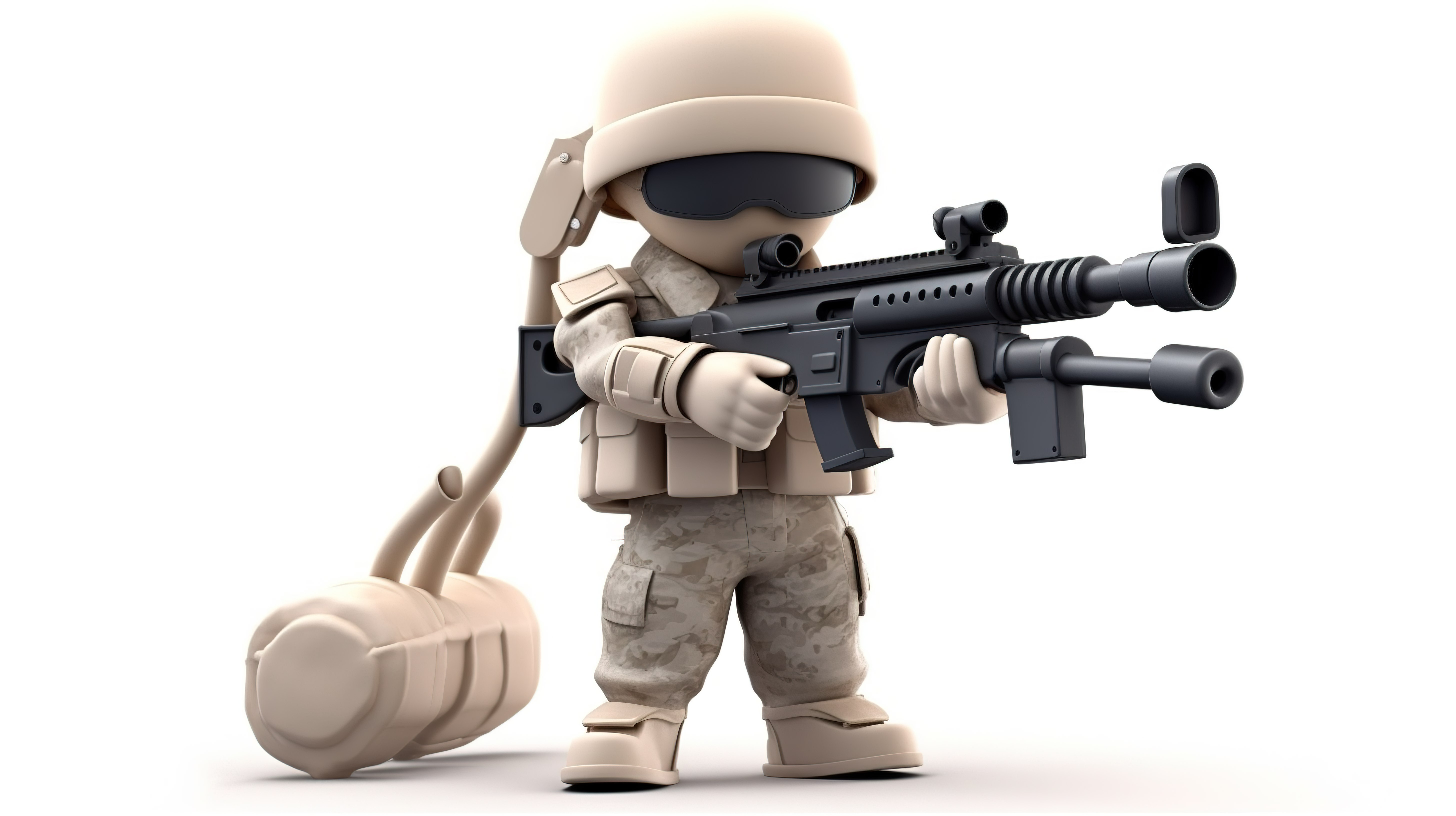 孤立的 3D 卡通士兵角色挥舞着白色背景上带有剪切路径的突击枪图片