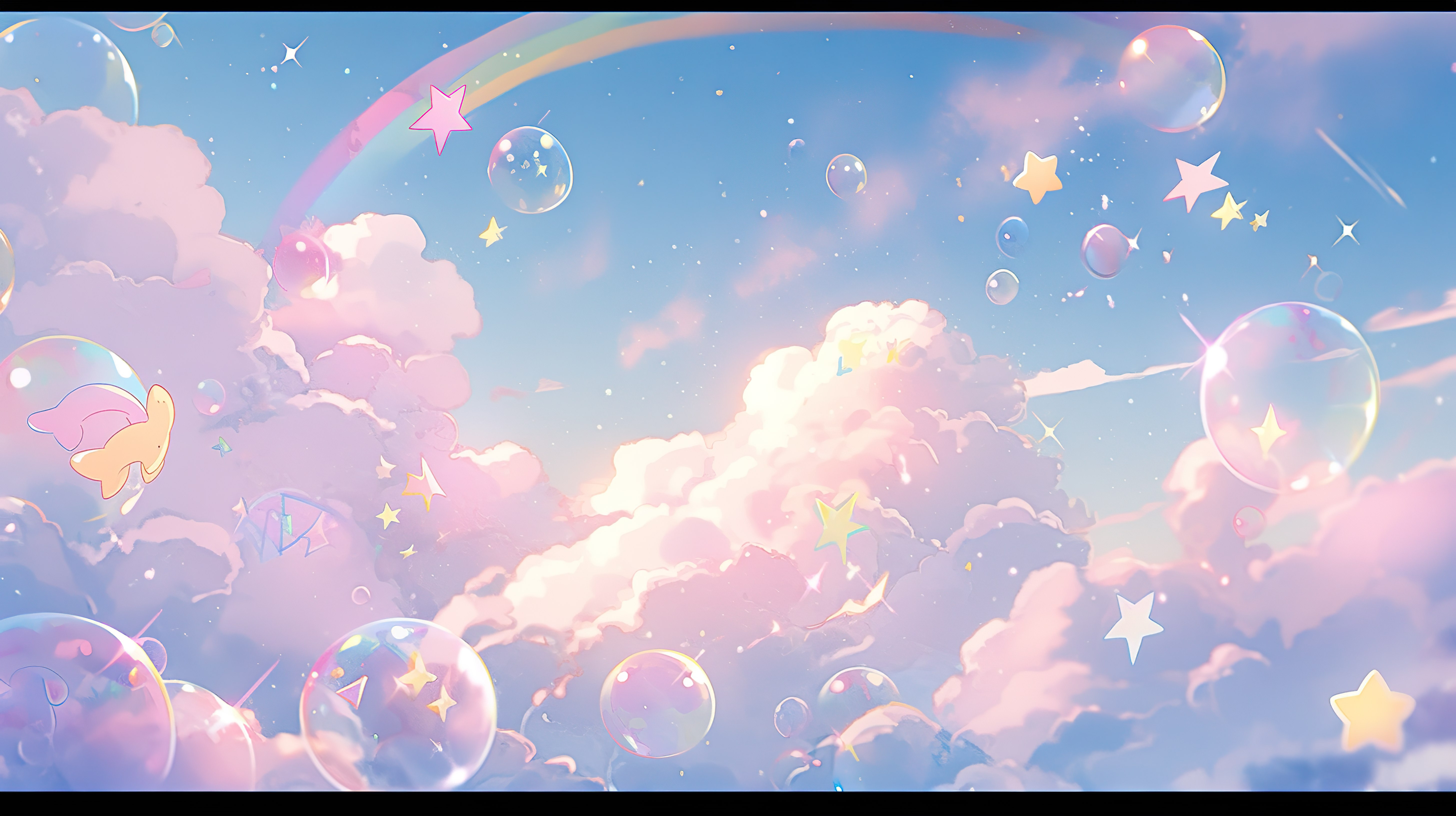 柔和的彩虹天空与梦幻般的云彩气泡和星星 3d 渲染壁纸图片