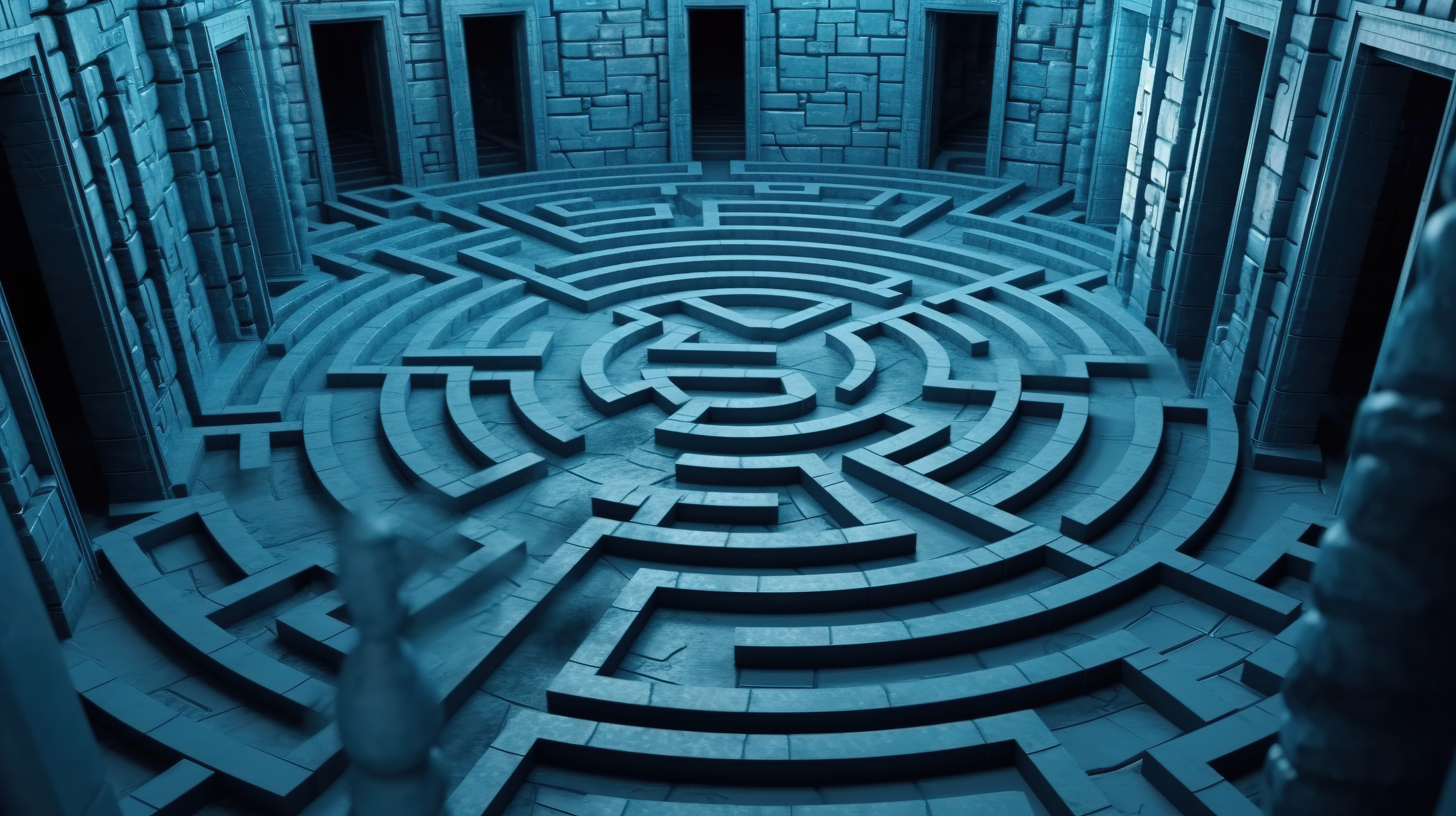 迷人的 3D 渲染广阔的圆形走廊拼图一个带有立体墙的复杂迷宫，用于地牢逃脱或复杂的拼图图片