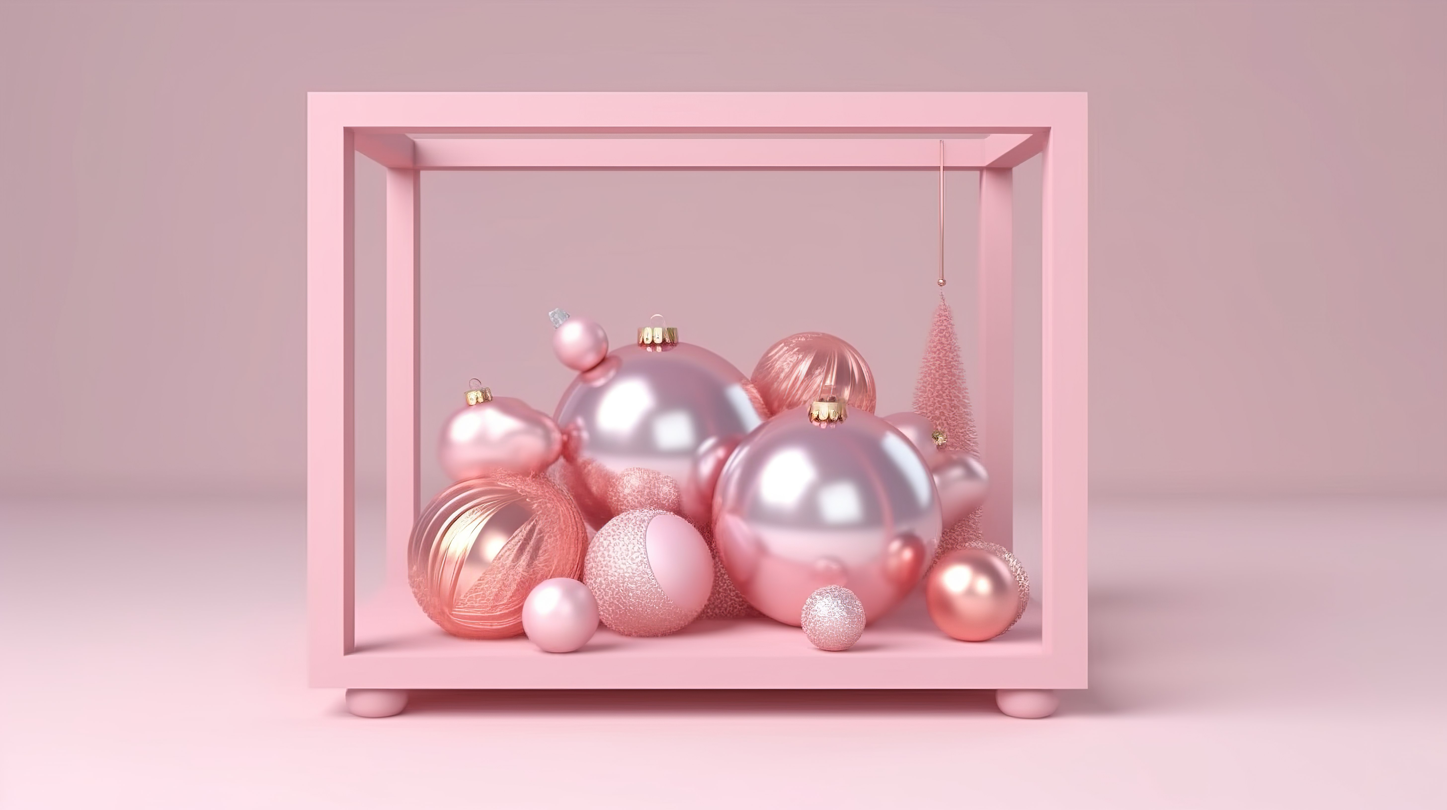 淡粉色 3D 讲台，配有玫瑰金雪花装饰和珍珠框假日小玩意图片