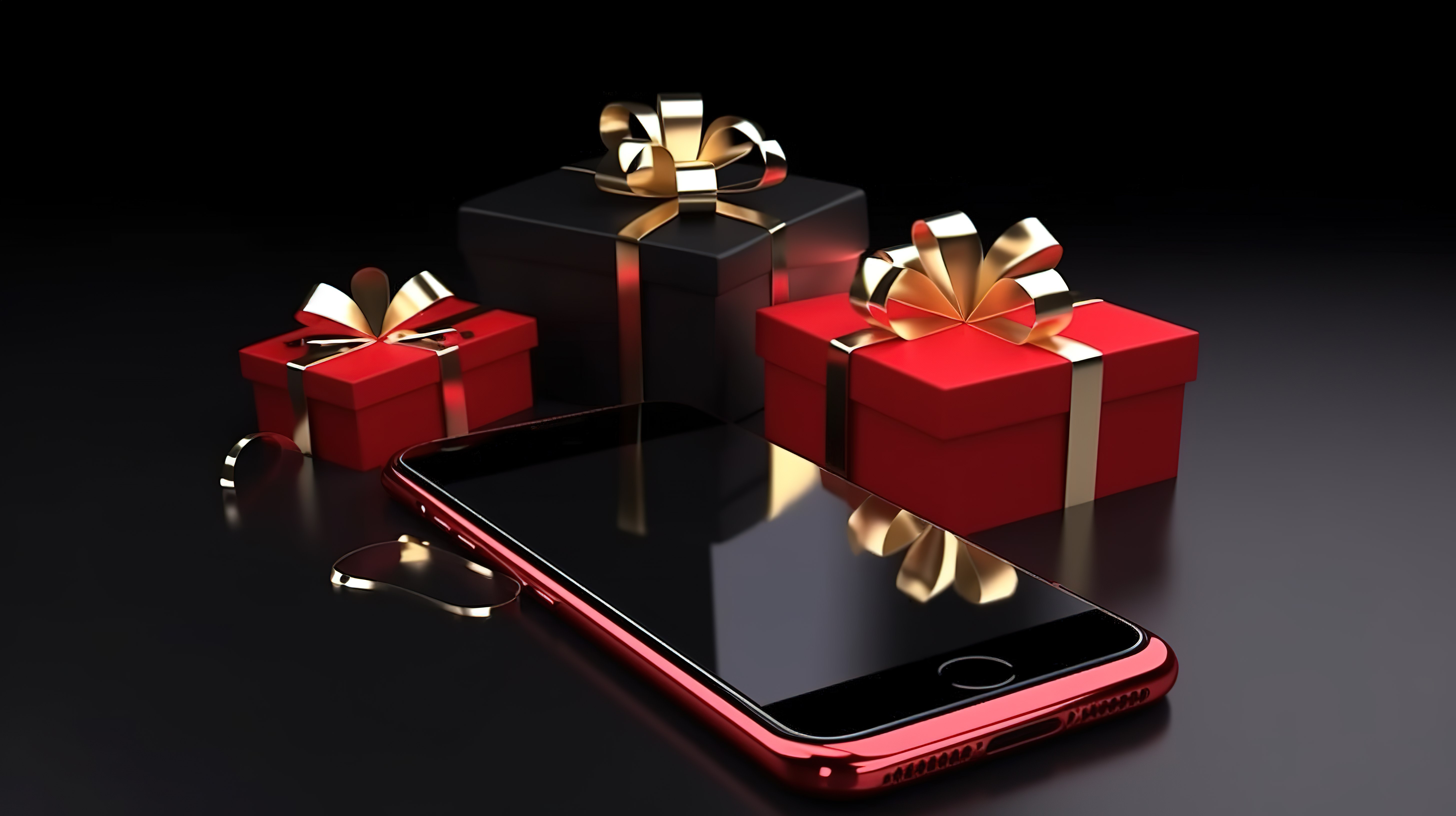 在线购物概念黑色智能手机显示带有红色和白色礼品盒和金色丝带的购物网站 3D 渲染图片