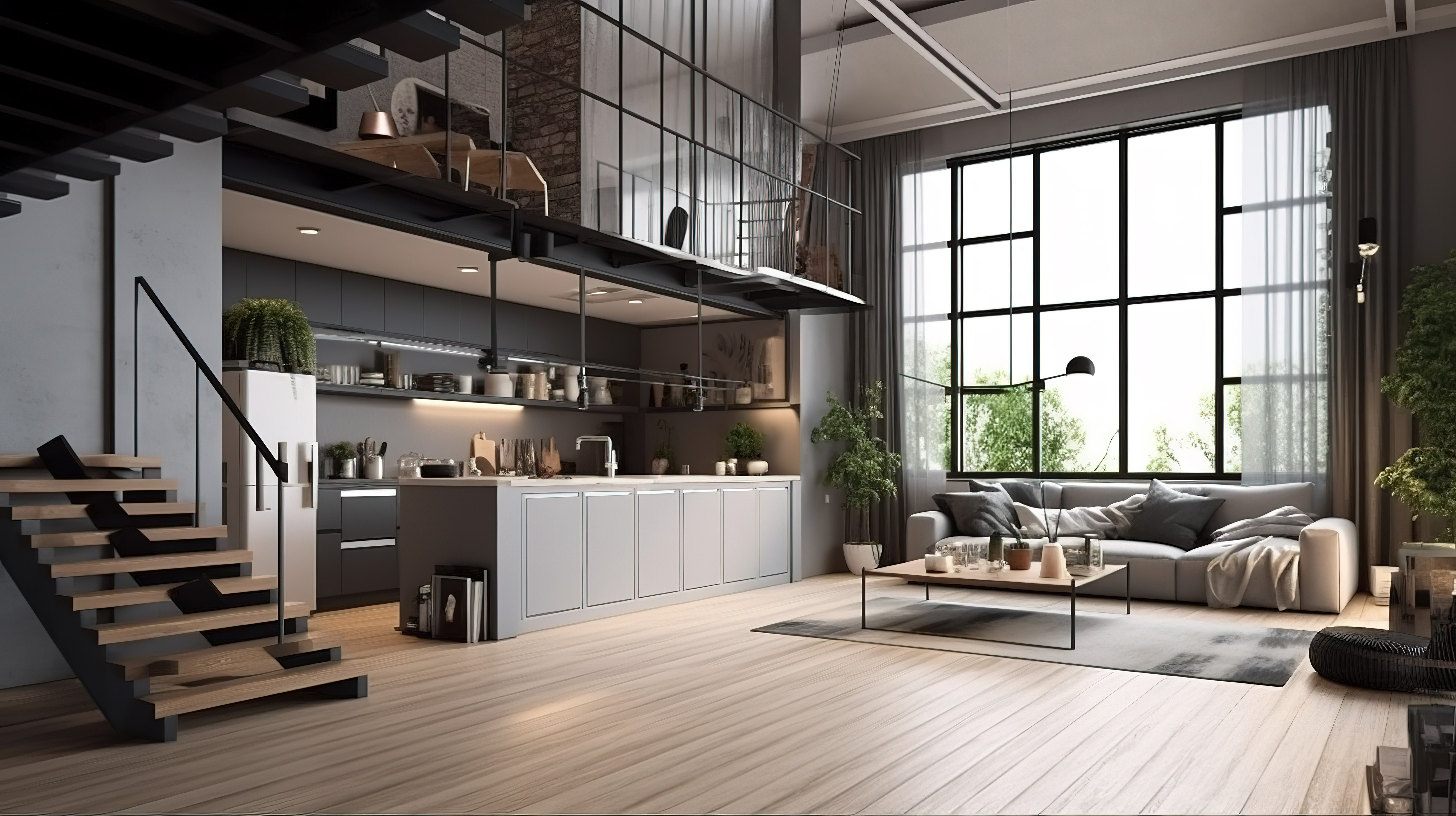 3d 渲染室内场景与现代设计的夹层客厅卧室和厨房图片