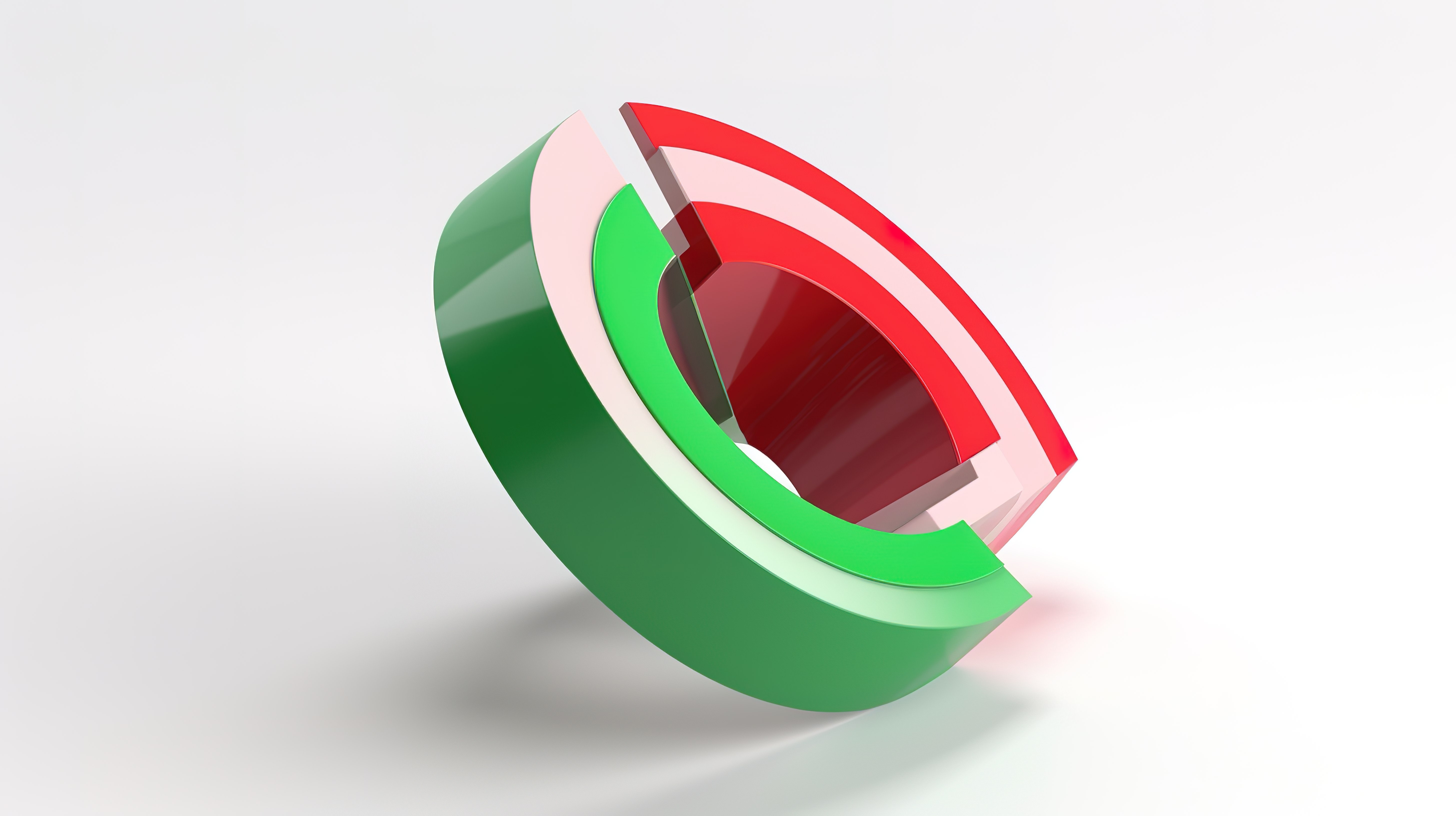 白色背景上 360 度旋转的红色和绿色圆形箭头图标的 3D 渲染图片
