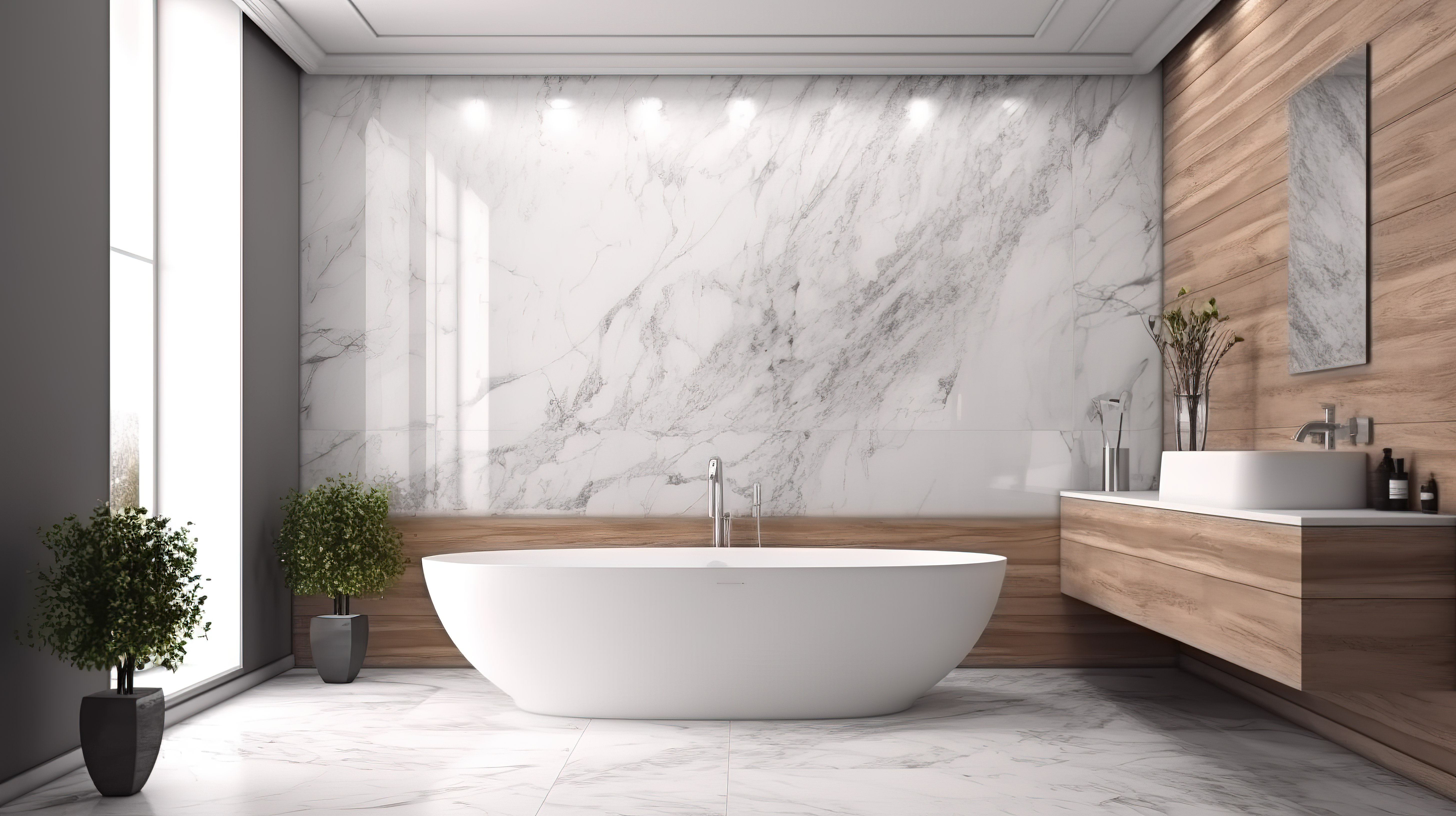 带有白色 3D 渲染木材和石材元素的现代浴室图片