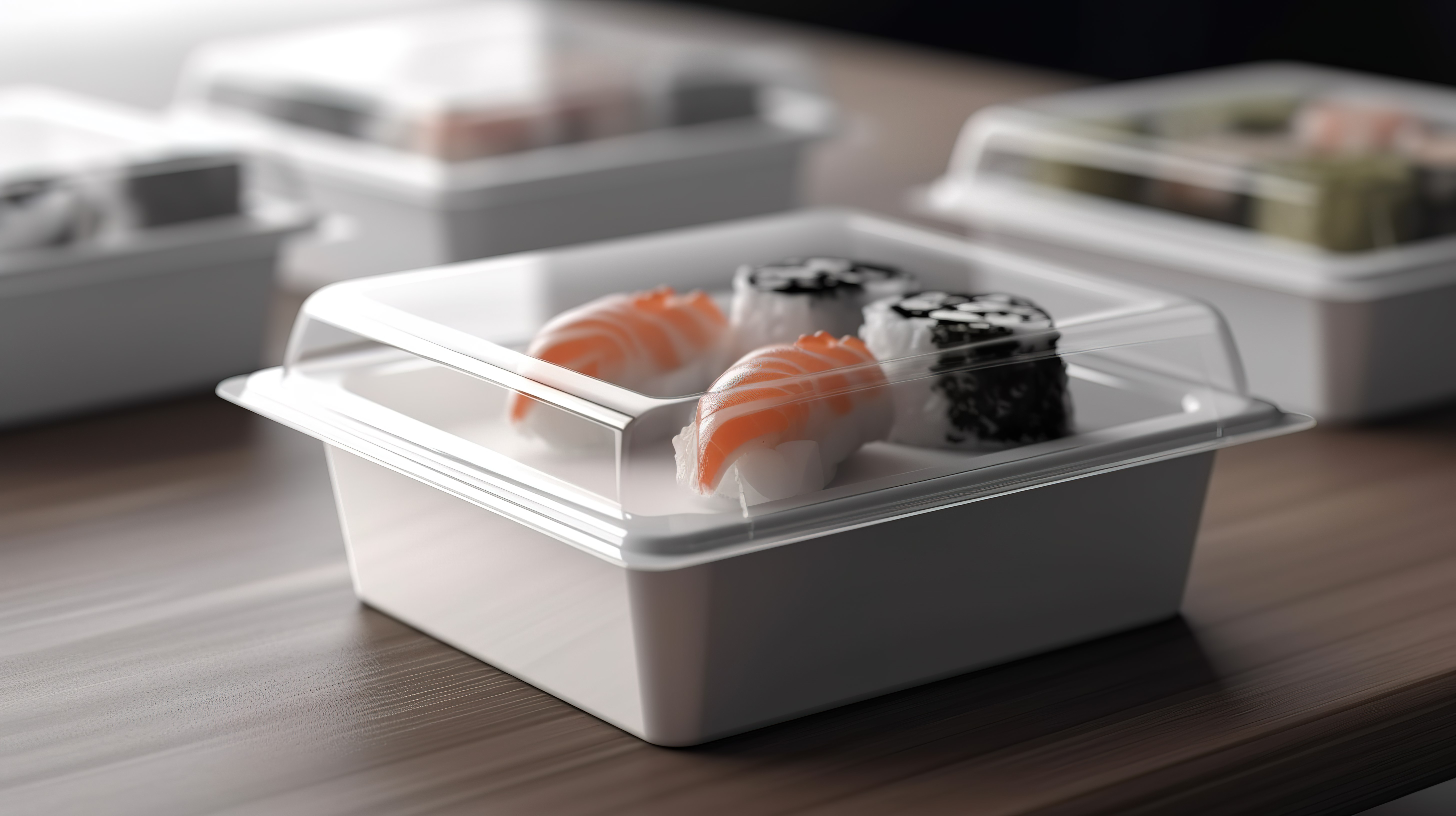 逼真的 3D 模型一次性塑料方形食品容器，配有寿司送货盒透明盖和空白色纸包装，非常适合多角度的独立餐午餐外卖图片