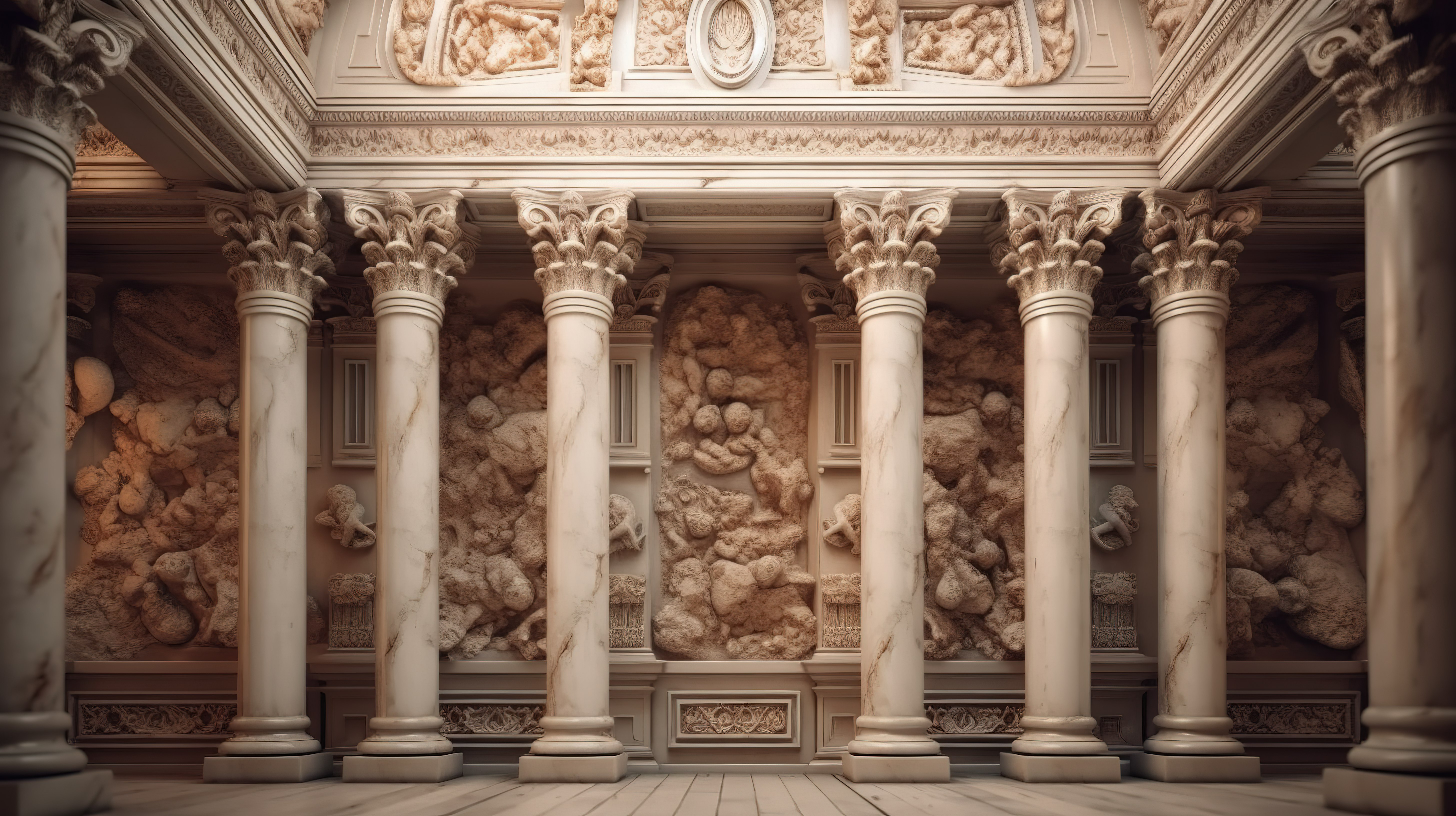 古代世界建筑大理石墙拱廊，以令人惊叹的 3D 插图作为横幅或海报背景图片