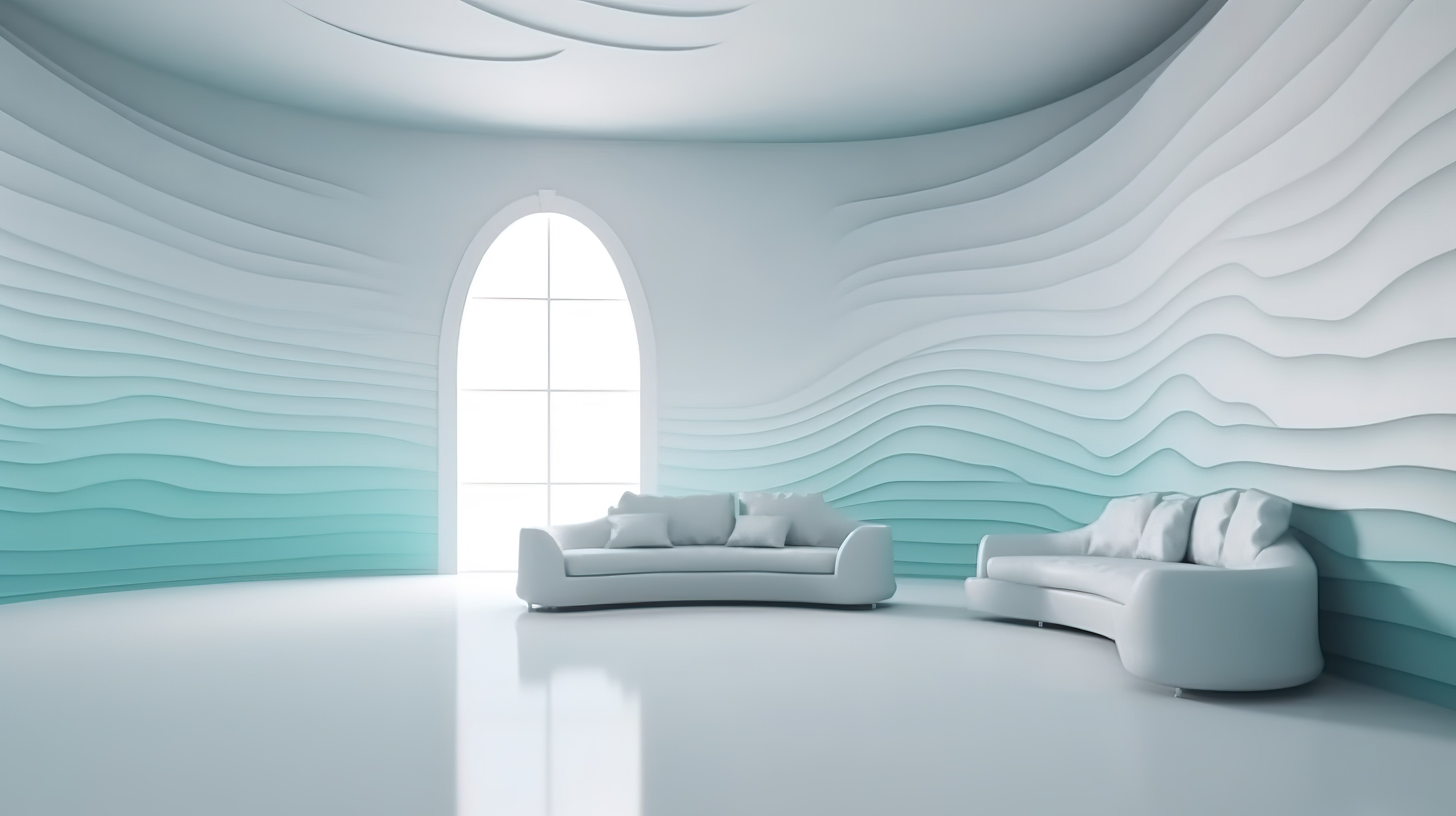 现代简约 3D 渲染室内场景和带弧形墙圆形天花板和水波纹的休闲室模型图片