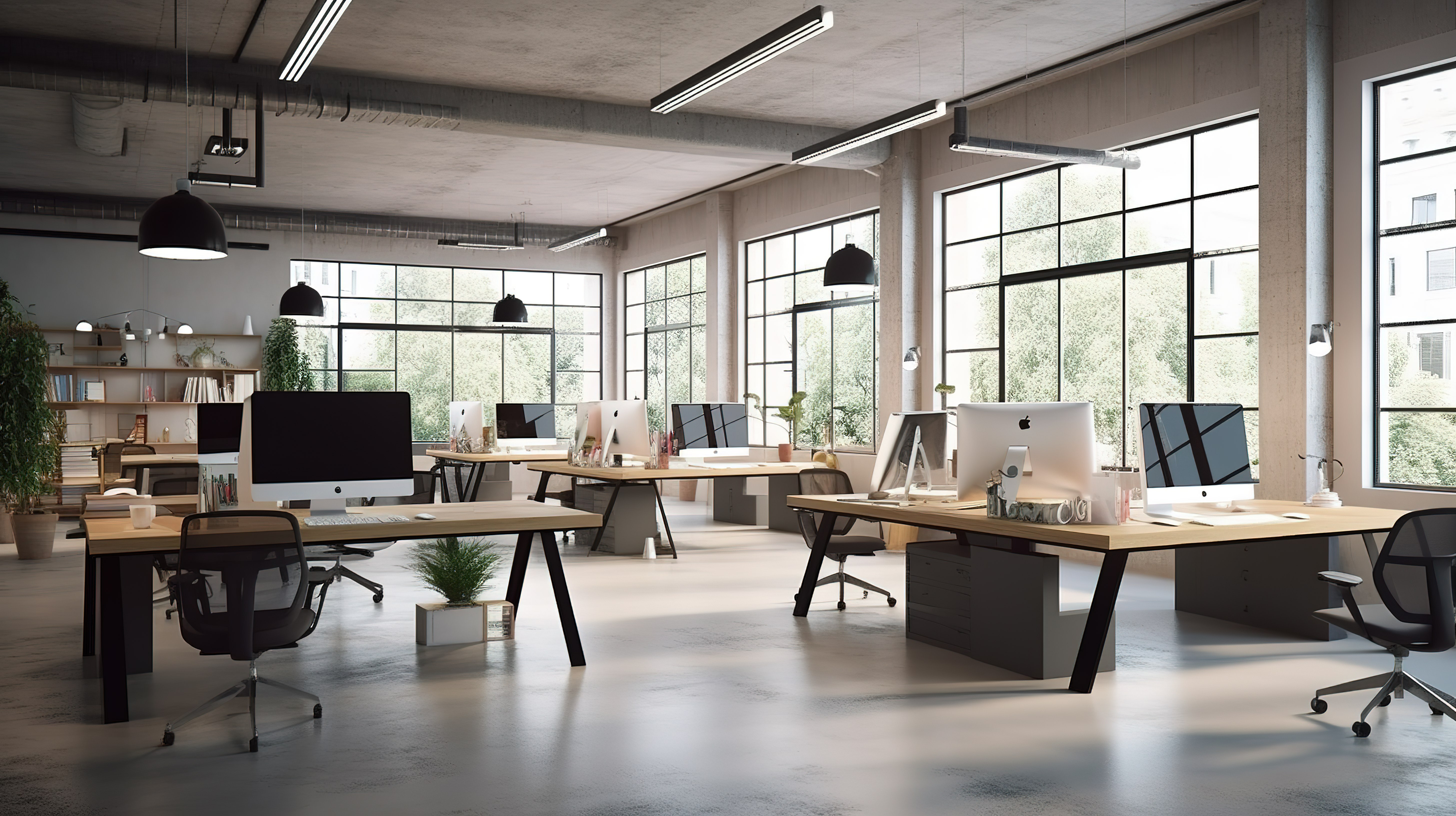 现代宽敞的开放式办公室以 3D 形式呈现，配有共享办公桌图片