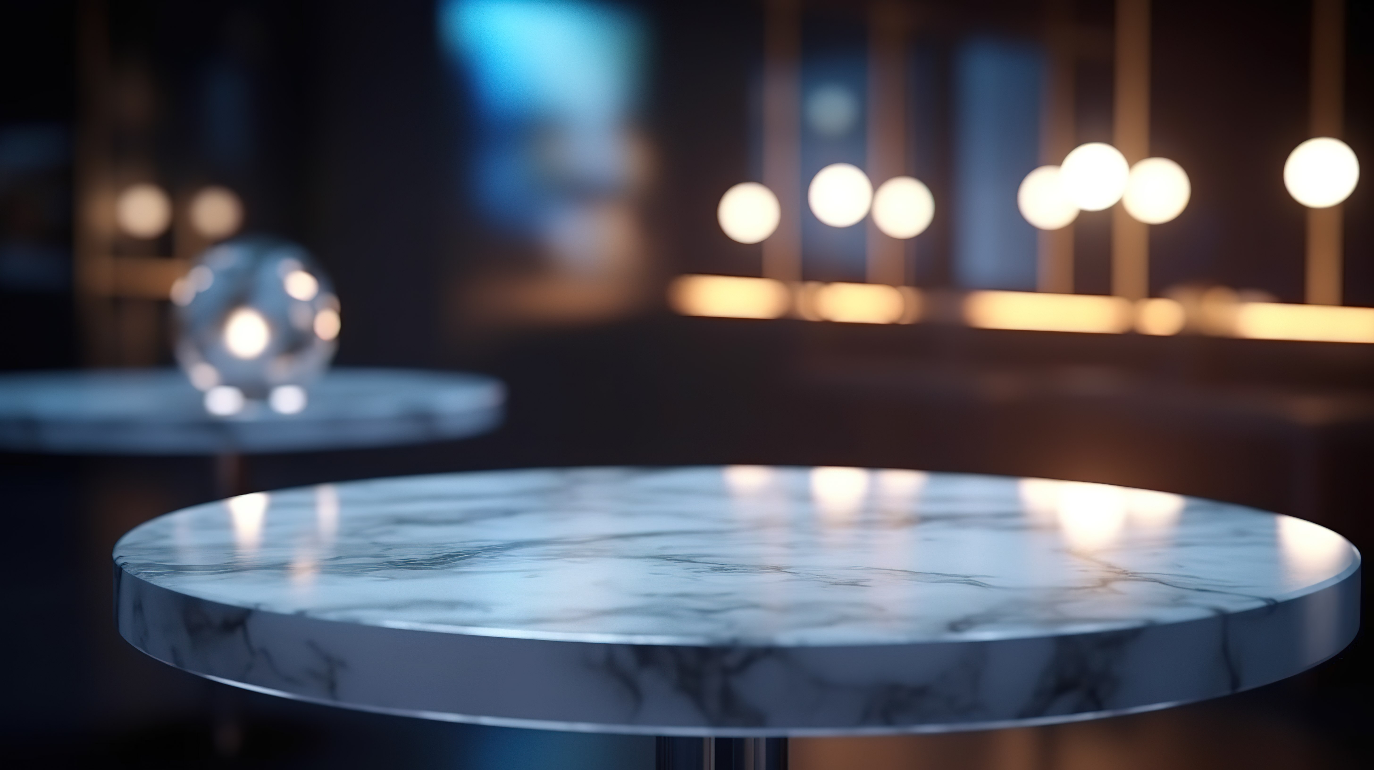 空白大理石桌面，用于在夜生活背景下展示产品 3d 渲染图片
