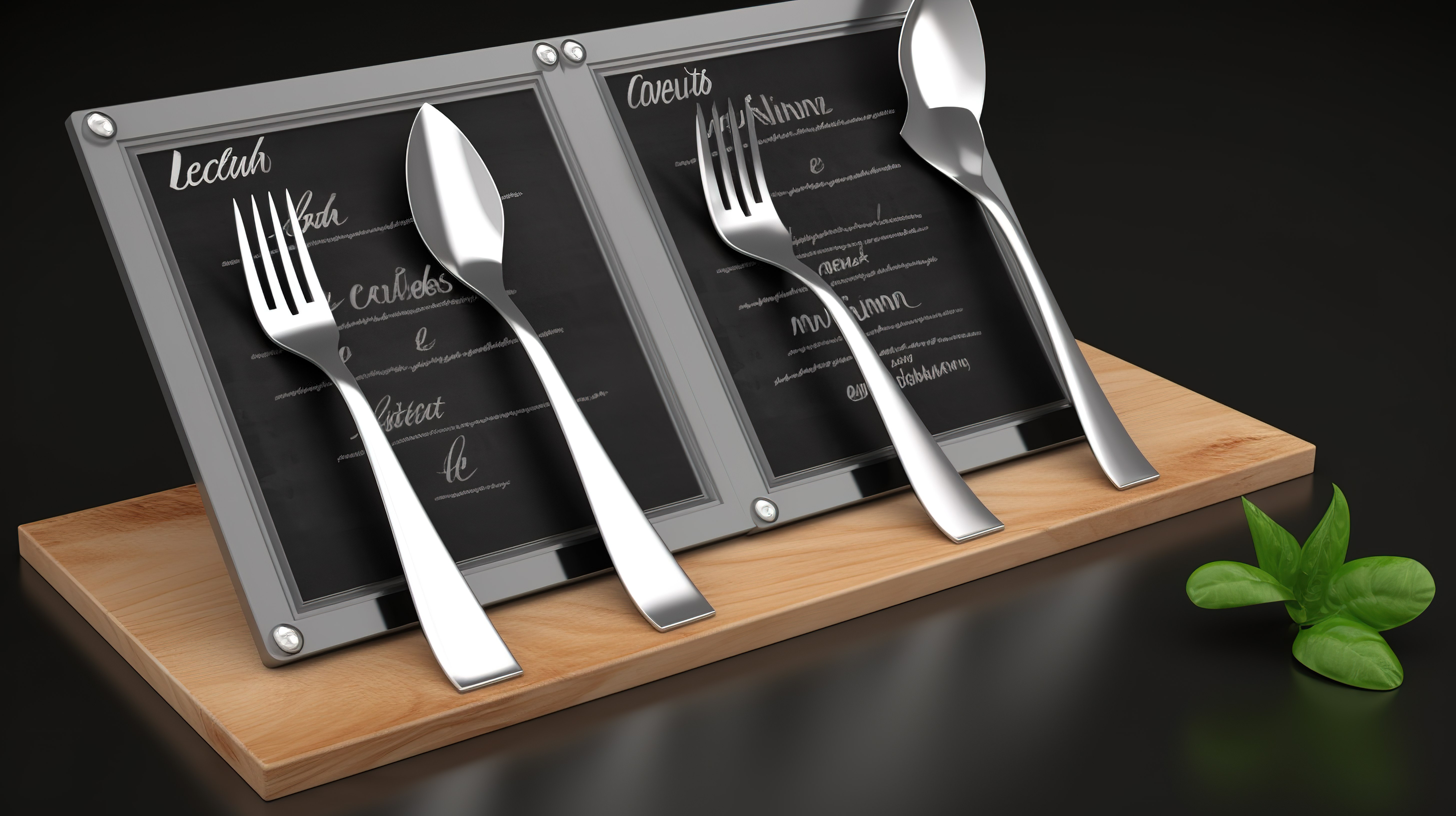 3D菜单板上显示的叉子和刀子图片