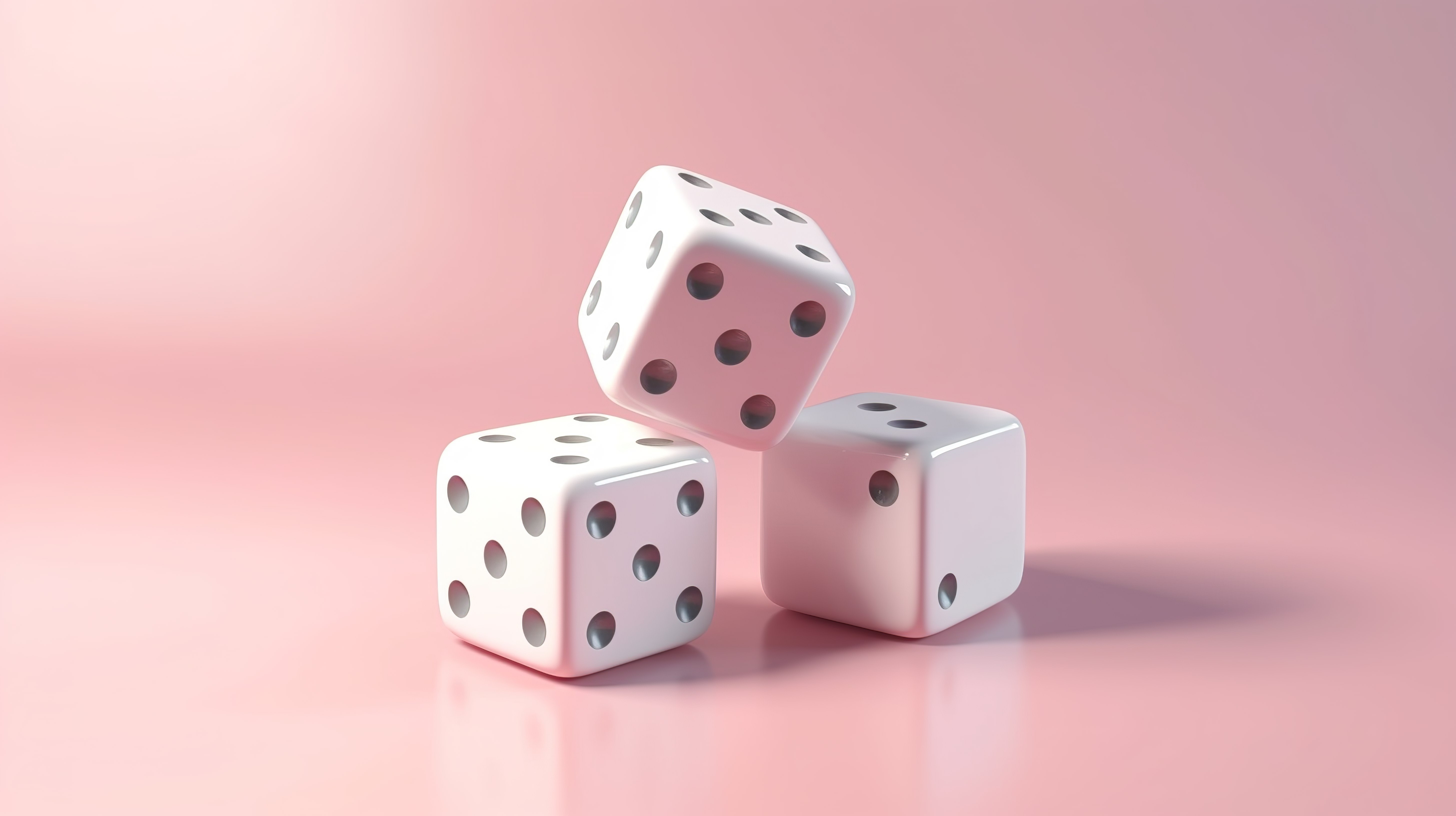 漂浮在粉红色柔和背景上的两个白色骰子的简约 3D 渲染广告概念组合模板图片