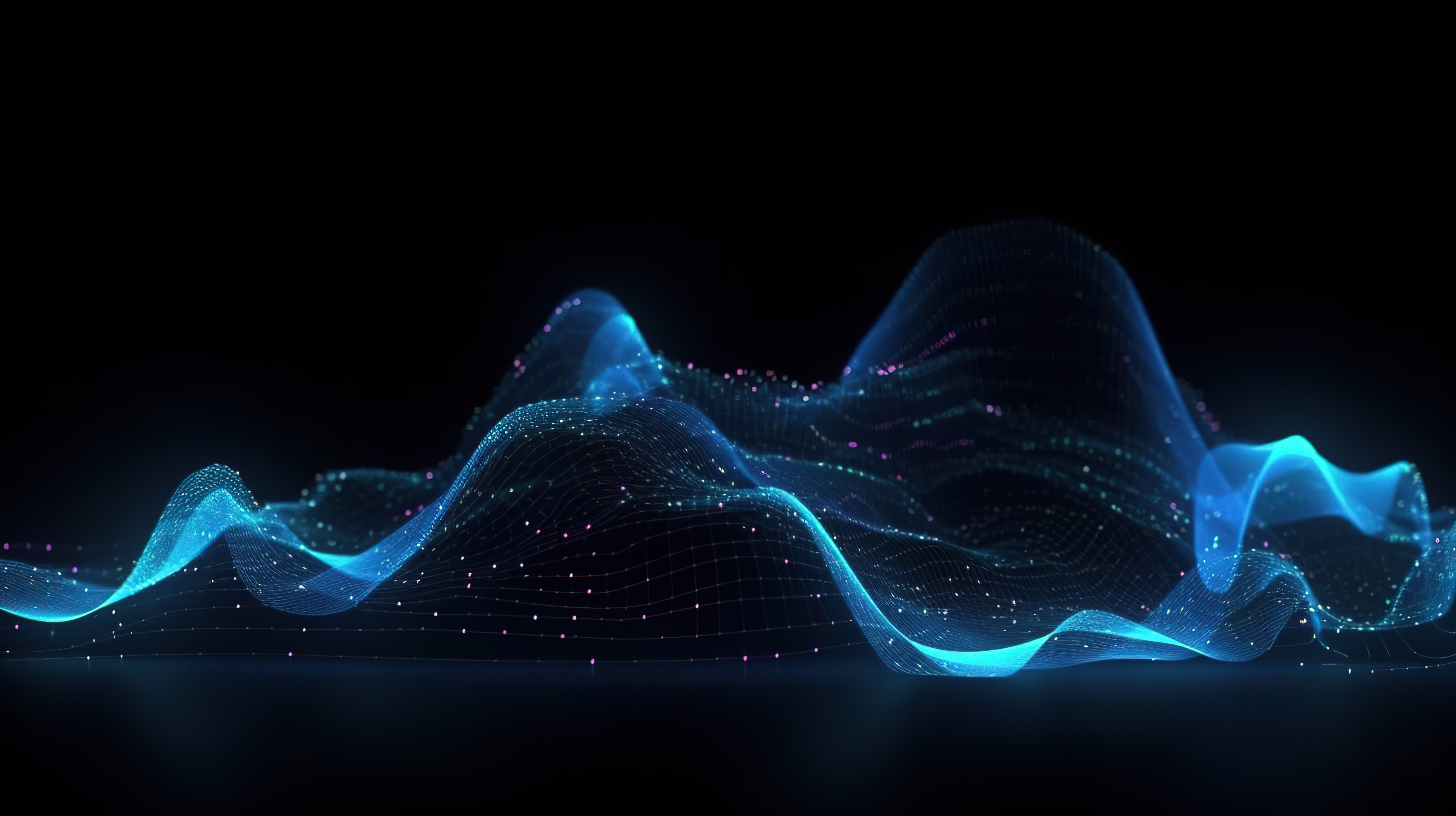 数字蓝色霓虹波技术网络大数据世界中 3d 线粒子和点的抽象背景图片
