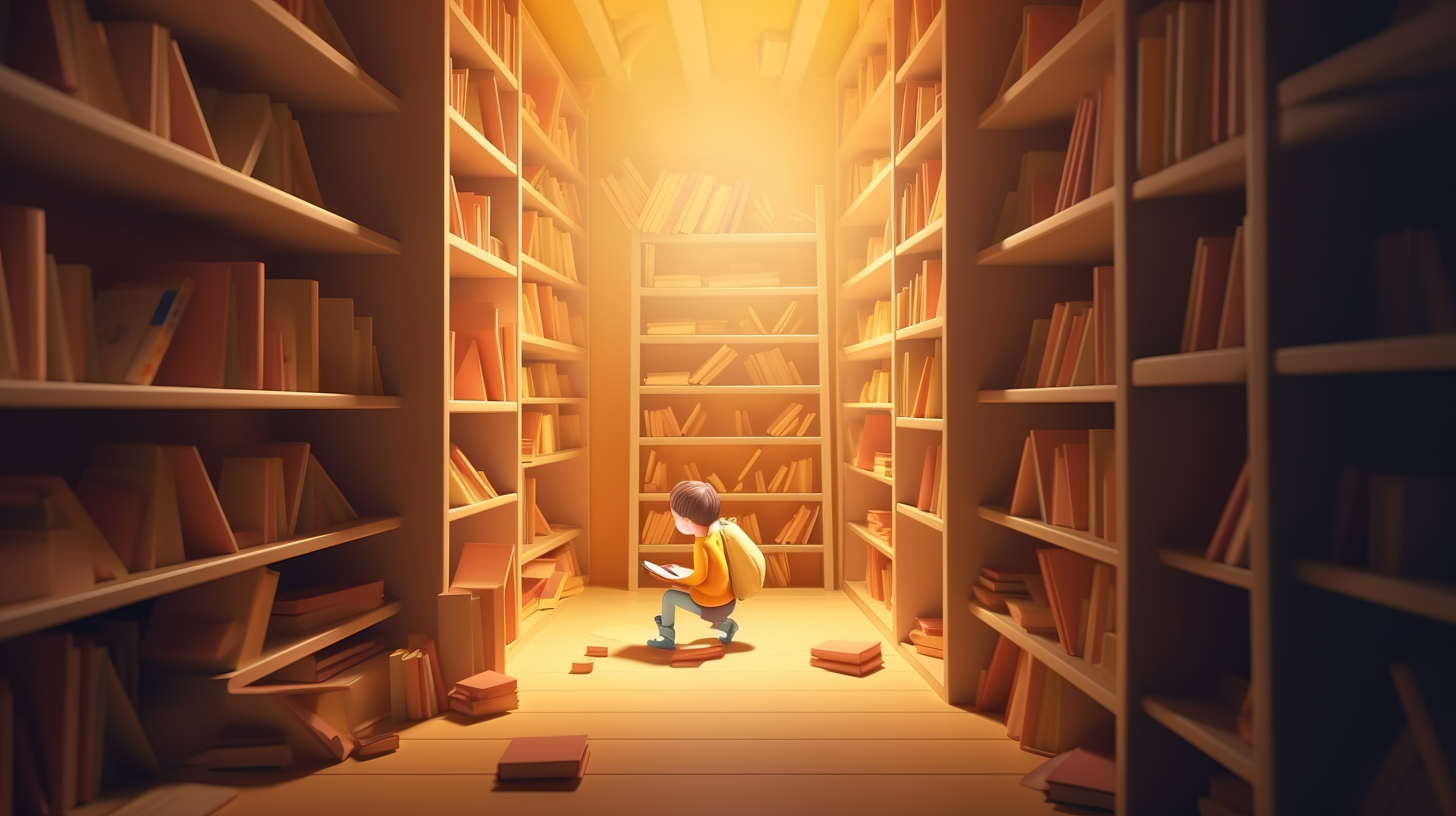 3D 图书馆背景，孩子专心阅读儿童书籍图片