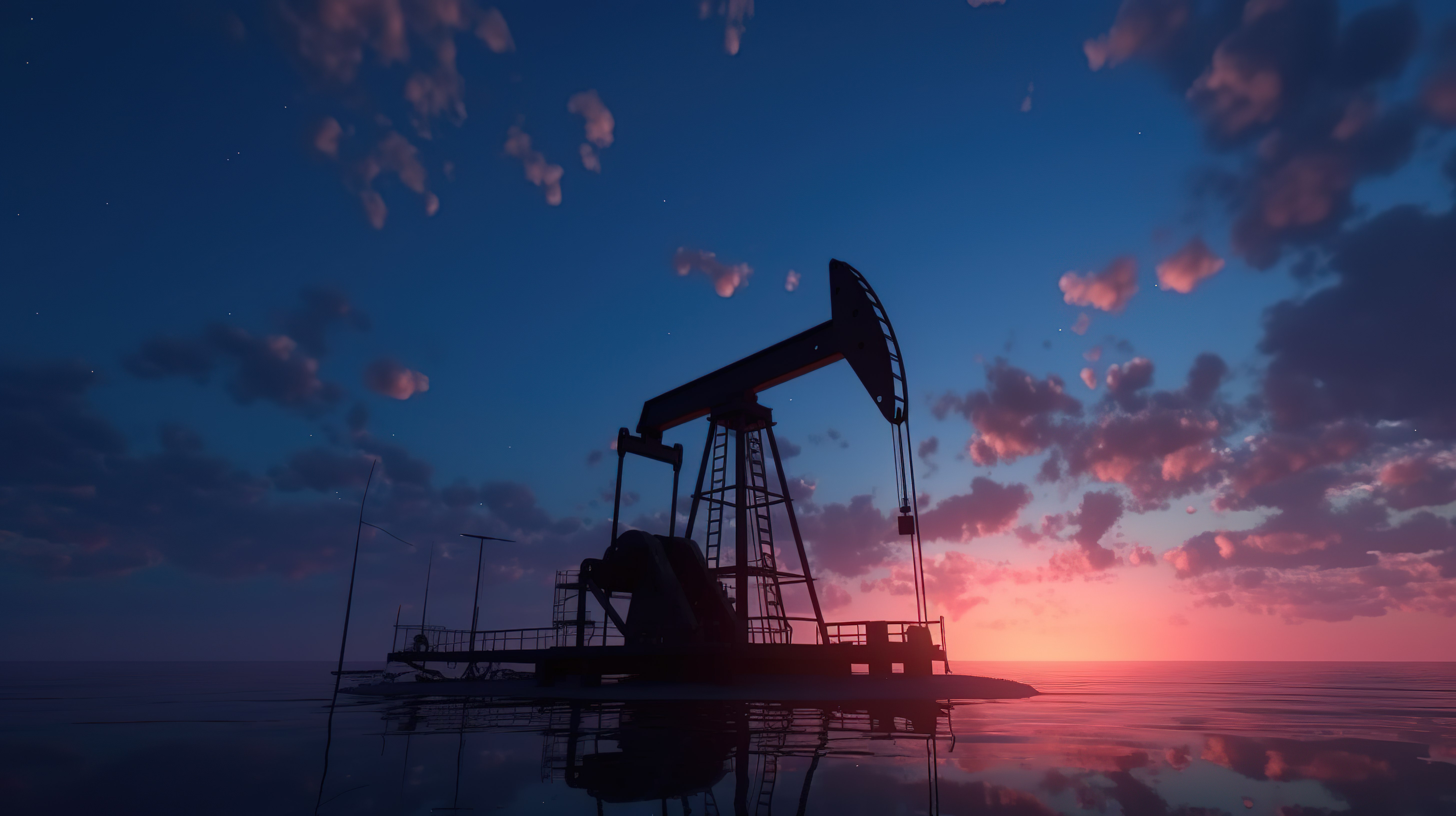 原油泵或石油钻井平台的黄昏天空 3d 渲染图片