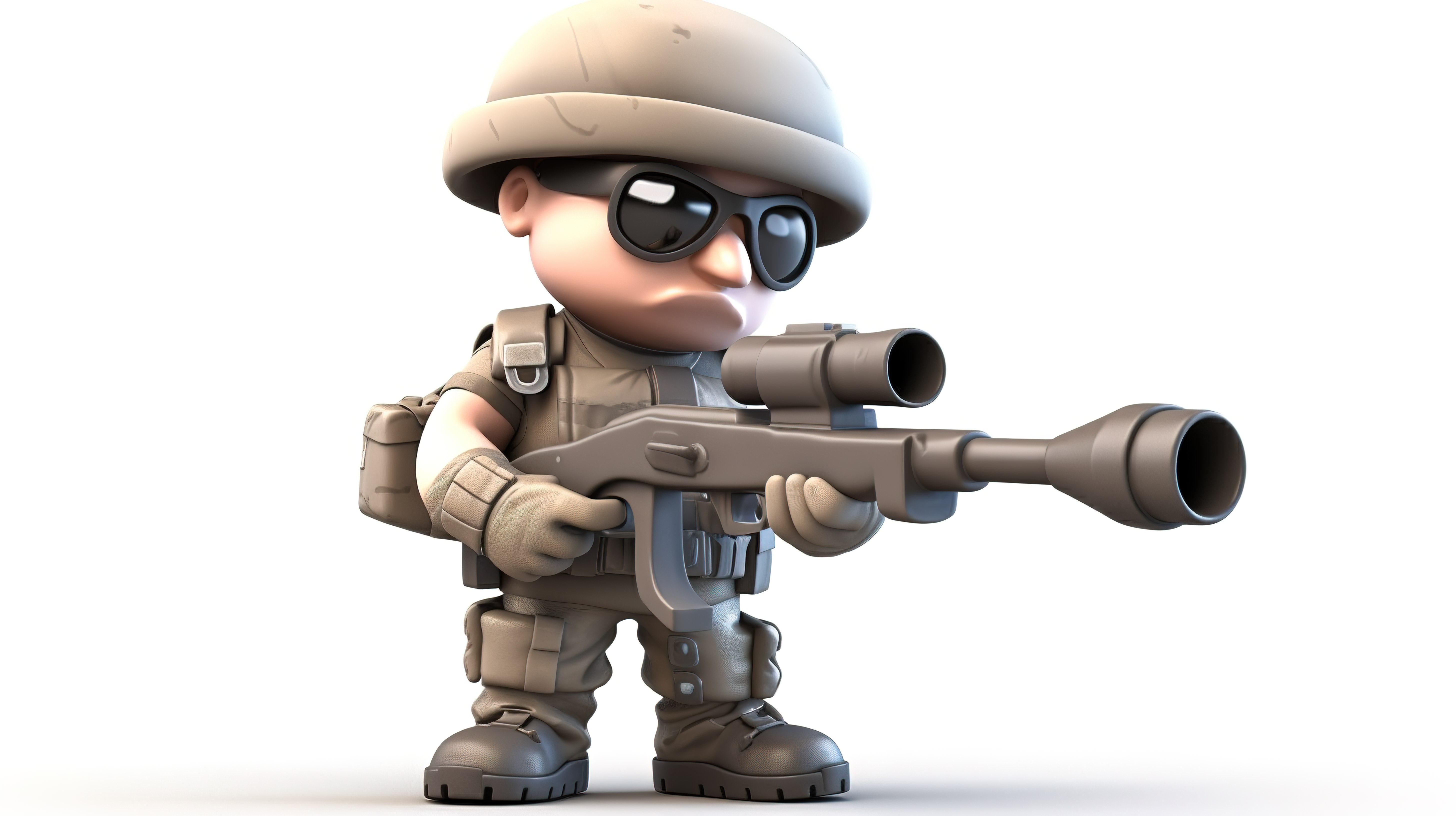 孤立的 3D 卡通士兵姿势与突击枪和白色背景上的剪切路径图片