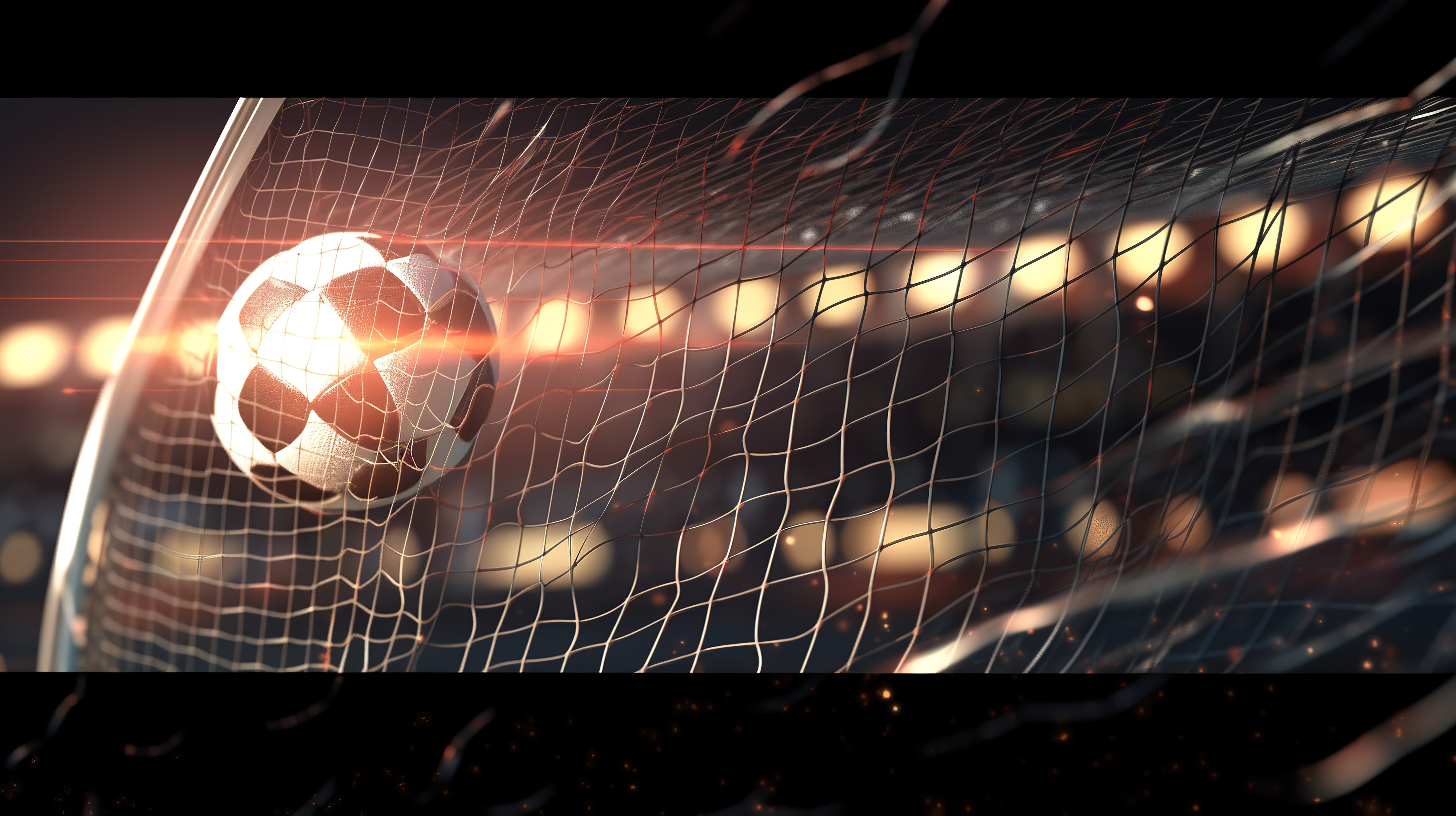 足球进球的动态 3D 渲染，体育场灯光背景庆祝胜利图片