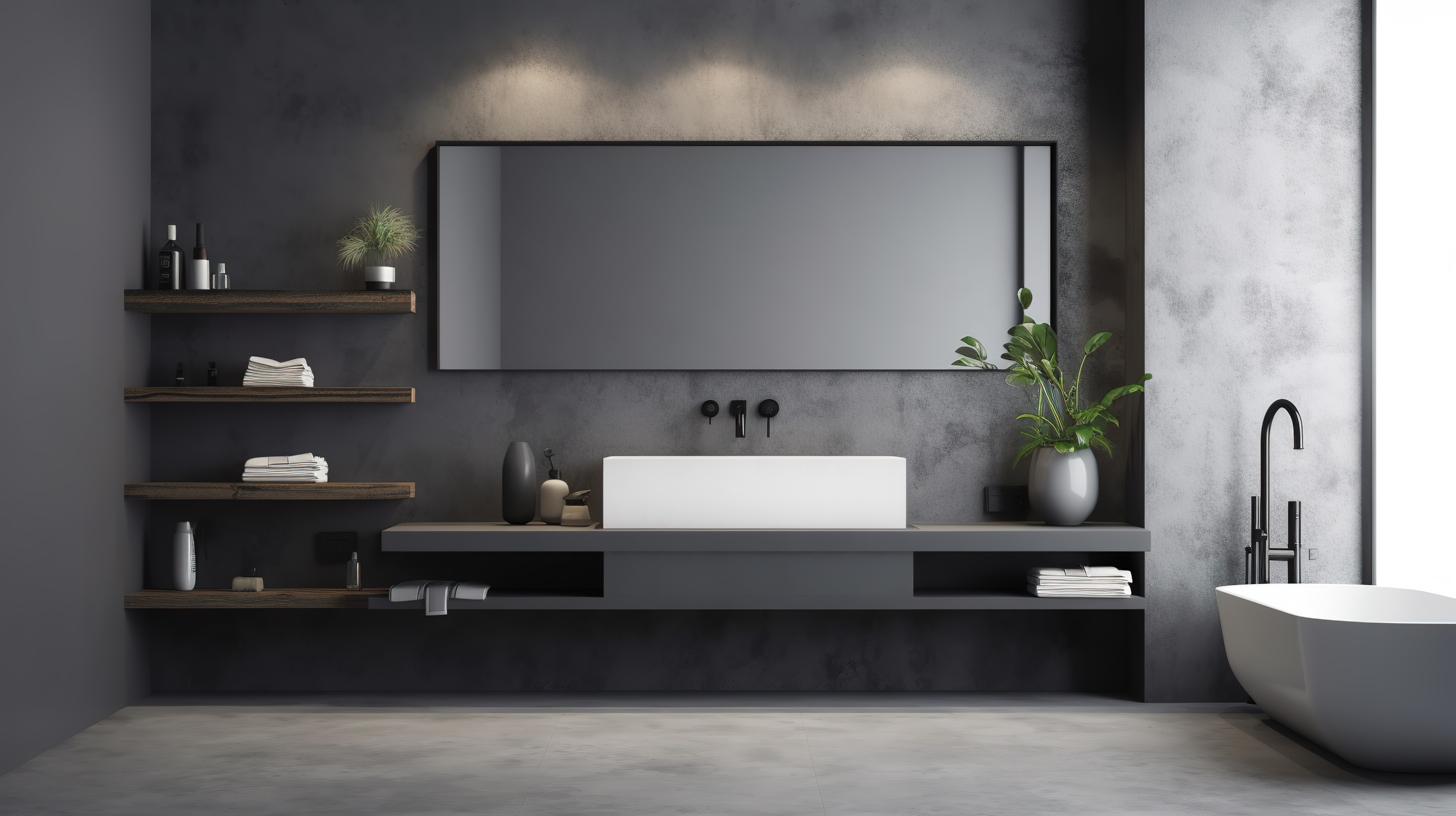 3D 渲染的现代浴室家具，配有时尚的壁镜白色水槽和灰色混凝土地板上的黑色装饰图片